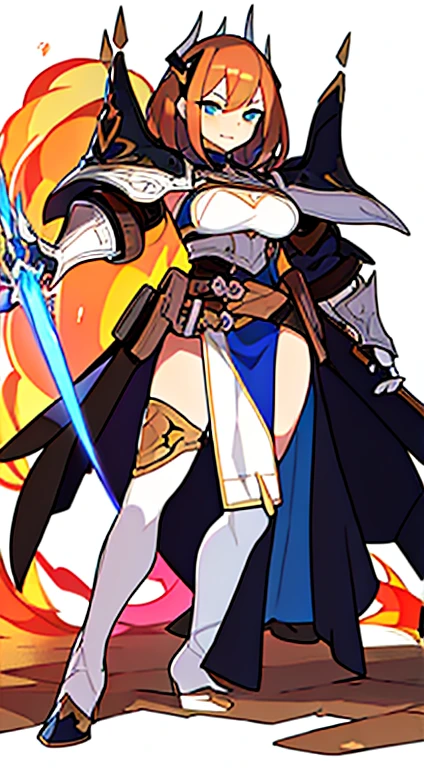 solo female, standing, (((white background, blurry background))), character focus, fantasy clothes, character design, shorts, holding weapon, fullbody, thong, front body,
