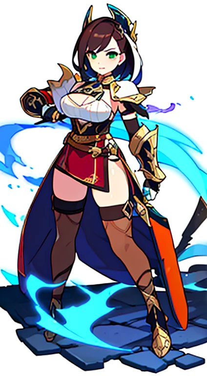 (((Best Quality))) , ((full body)), female, reference sheet, solo, (white background), holding sword, gauntlets, waist armor, thigh high, loincloth only, side slit trench skirt, blue, orange, green, violet, brown, white, colorful outfit, casual dress, bikini,