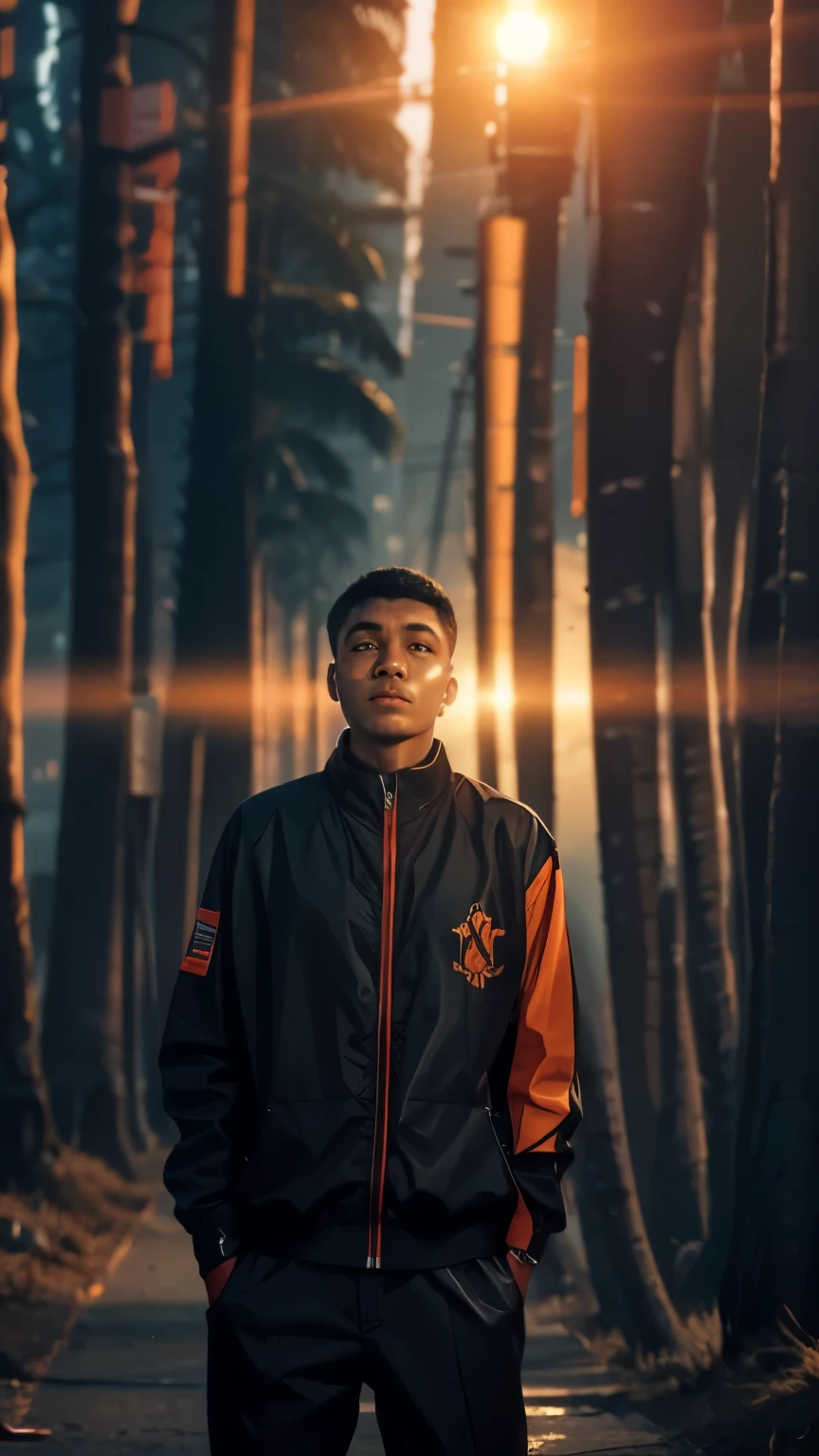 Change background cyberpunk handsome boy, realistic, 8k, sunset, backgrounds dark, Ultra realistic, smooth face,
