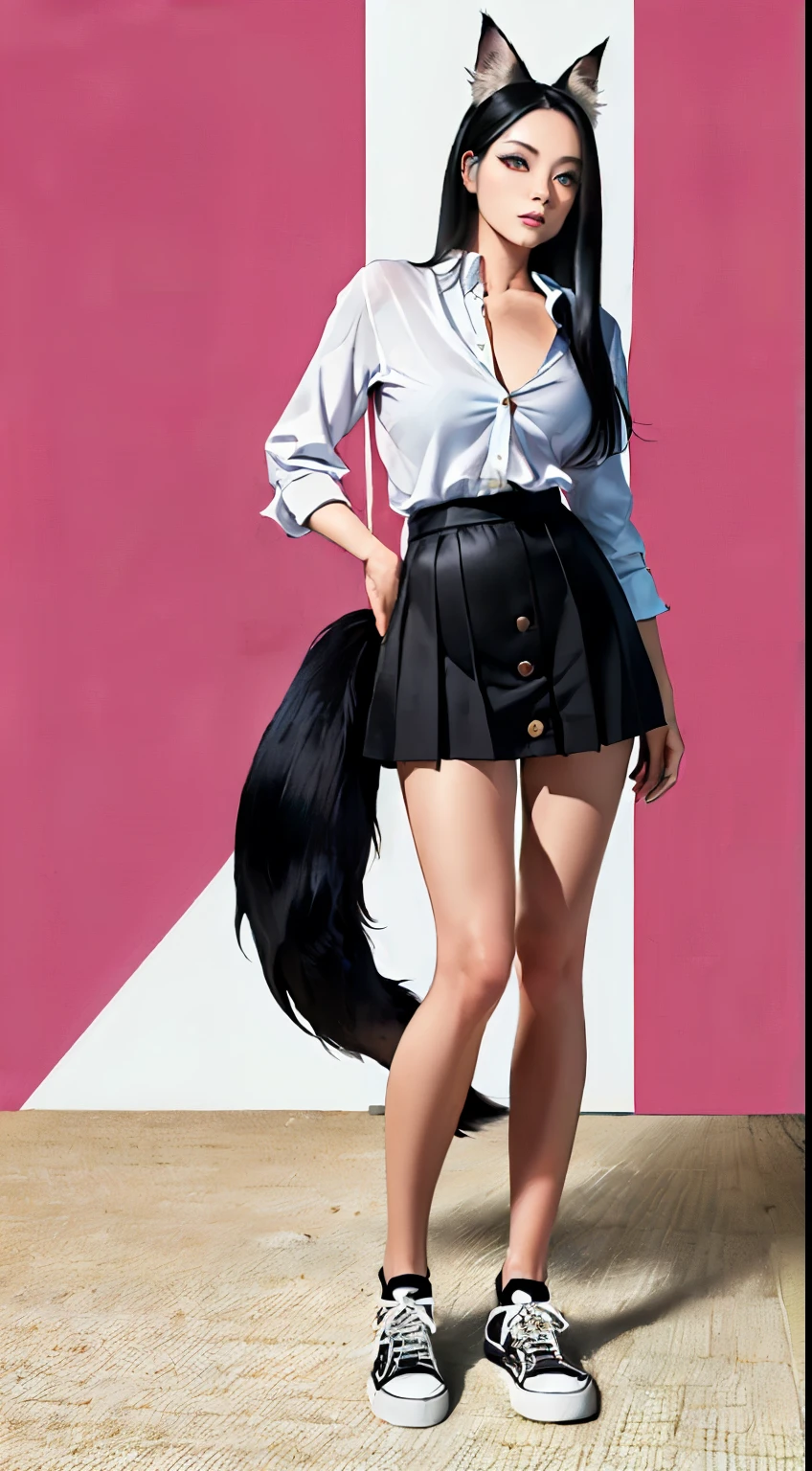 ((Beautiful 35_year_old japanese_yokai_woman with pale skin):1.5), ((long_black_hair and black_yokai_fox_ears and yokai_fox_tail):2), ((japanese_woodlands):1), ((sagging_breasts):1.8), ((breasts_apart):1.5), ((wearing loose_long_skirt and white_button_up_shirt and black_shoes):2), ((full_body_photo):2), (smooth_skin), (perfect_fingers), ((better_eyes):1.2), ((bright_sunlight):1), ((perfect_face):2), ((beautiful_face):1.8), ((feminine_face):1.8), ((grassy_plain and cumulus_clouds):1), ((mount_fuji in distance and sakura_tree_blossoms):1.2), ((perfect_body):2), (perfect_hands), ((best_quality):1.5), (perfect_fabric):1.2), ((Masterpiece):1.5), ((Hyper_Realism):1.4), ((perfect_pose):1.2)