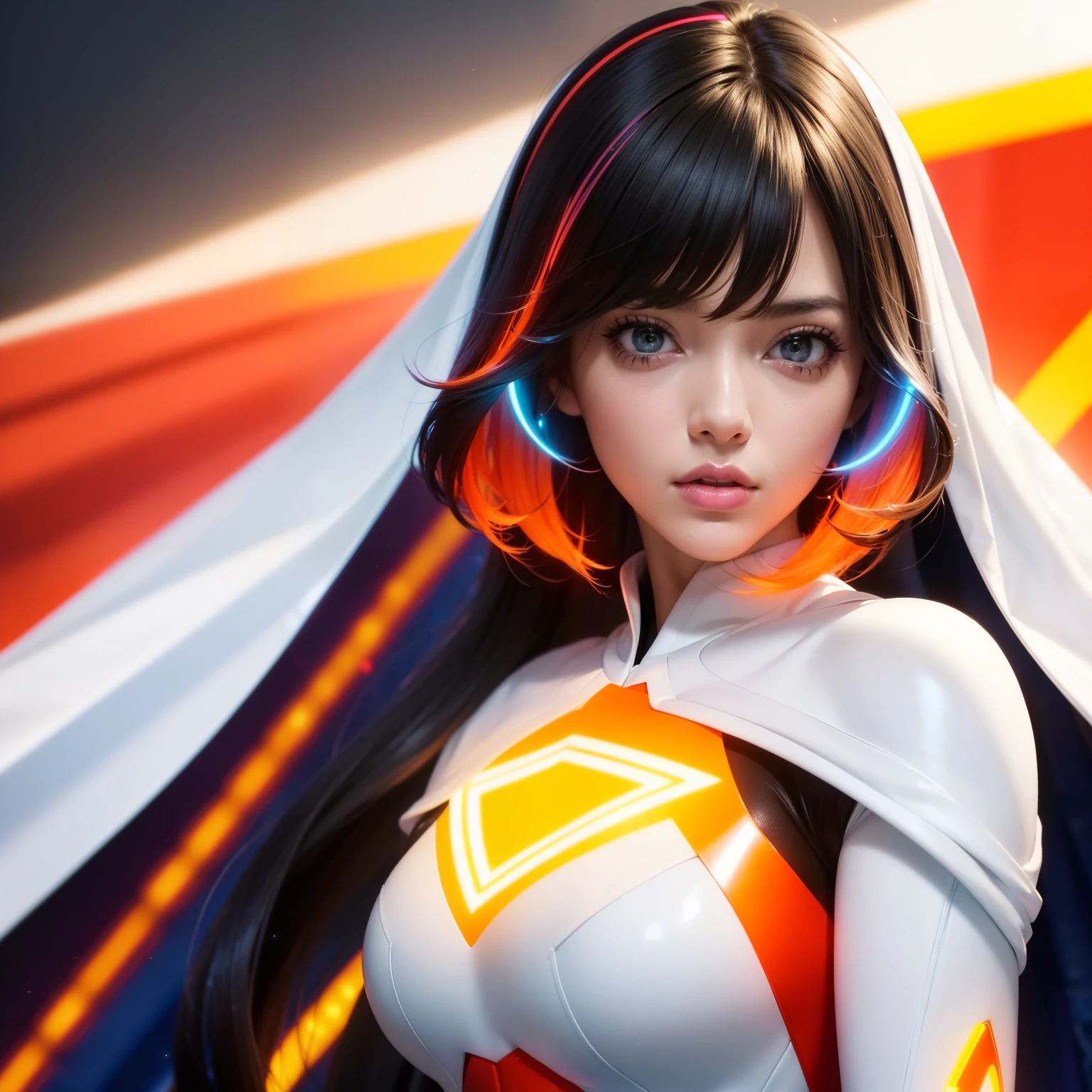 Bust to waist ((perfect beauty face)) perfect skin, hyperrealistic masterpiece, Superheroine girl ((fringe glowing colorful)) in extremely complex & superdetailed tight plugsuit ((with white cape)), sharp focus, cinematic illumination: 8k, (((neos-cyberpunkcore aesthetic style::1)))