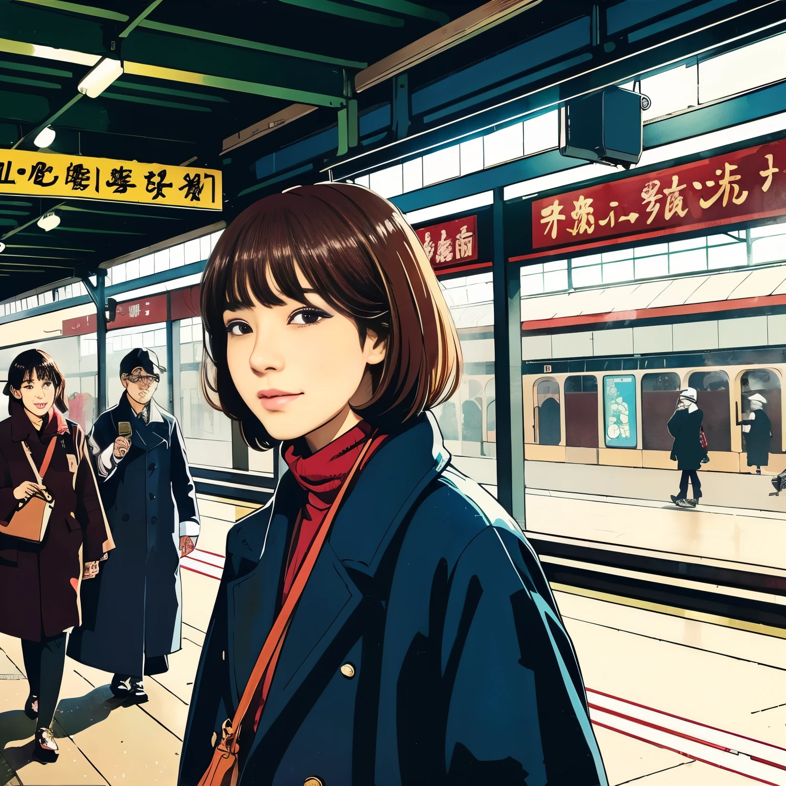 high resolution、Illustration style、Showa Anime、ukiyoe painting、((woman))、Tokyo、((fashion))、The background is the station、26 years old、winter、Shinkai Makoto style