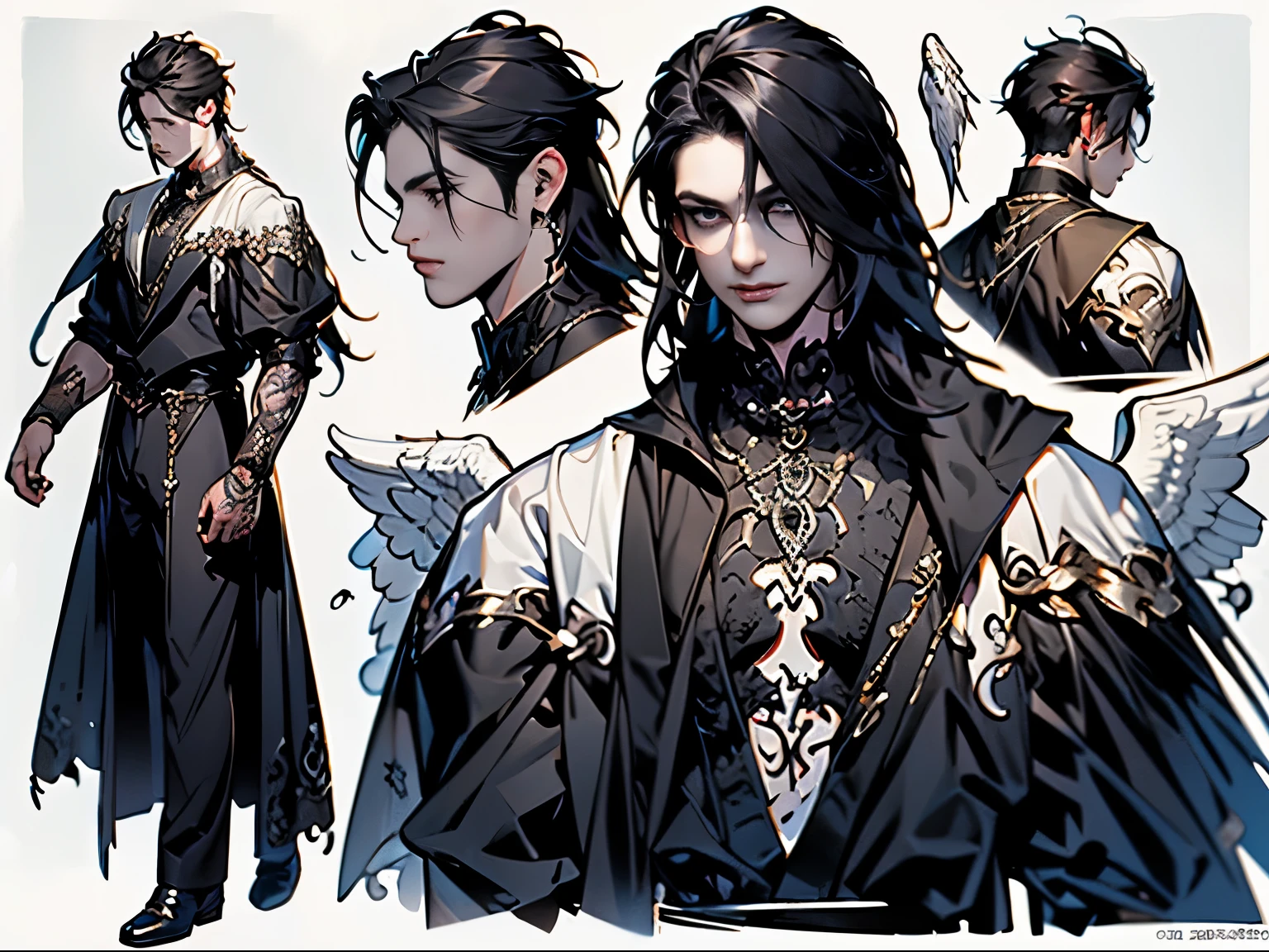 Character sheet, full body, front and side view, handsome angel man, black hair, gothic clothing, perfect face, 2 big white wings, tattoos on arms