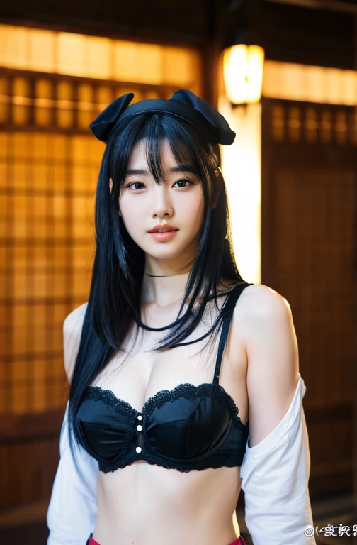 idol、One lady、(long black hair1.3)、With bangs、Cool style、sexy、(huge breasts:1.3)、(masterpiece、top quality)、((20 years old woman:1.2))、Young and lovely Japanese face, Dewy skin, Soft portraits,8K,、It's very, very beautiful、looking at the camera、,Telegraph Esbian、Your hand is off the screen, full body, Model