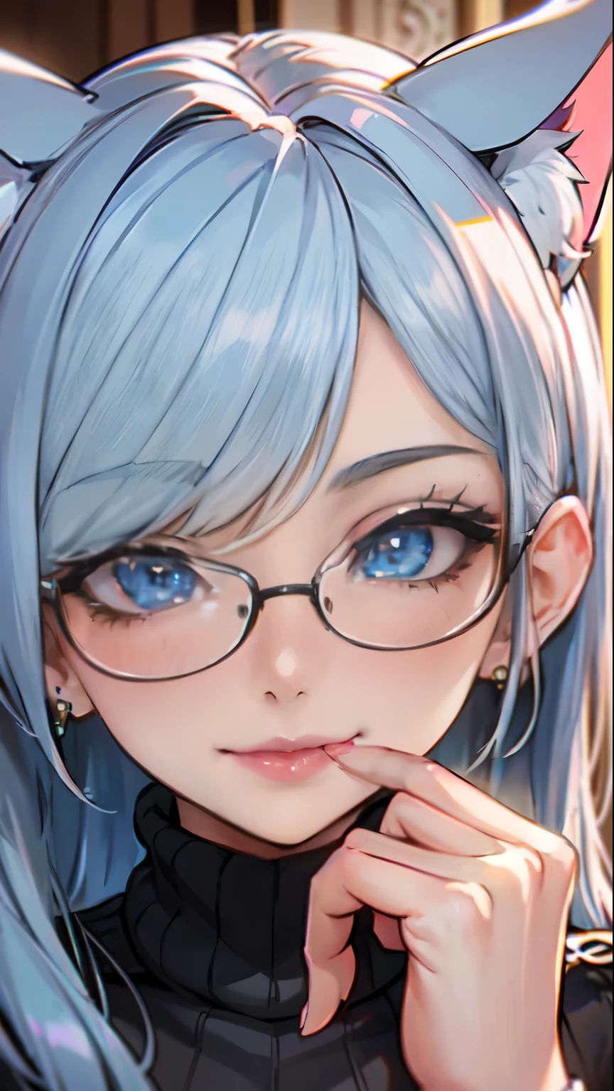 Masterpiece, beautiful art, professional artist, 8k, art style by sciamano240, very detailed face, very detailed hair, 1girl, perfectly drawn body, beautiful face, long hair, light blue hair , very detailed blue vertical cat eyes, pouty lips , rosey cheeks, intricate details in eyes, close up on face, looking straight at viewer, wearing a cozy blue sweater, in love with viewer expression , cheerful smile, milf, square glasses,