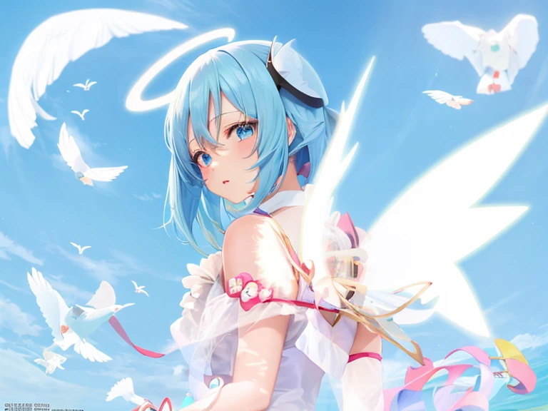 anime girl with blue hair and white dress in front of a flock of birds, madoka kaname, rimuru, tempestade de rimuru, garota de anime chamada Lucy, garota anjo cavaleiro, magic madoka, full face shot of tempestade de rimuru, anime!!!!, Ayanami, papel de parede de anime, anime!!!, Sakura Kinomoto, anime!!!!!!!!!!!!!!!