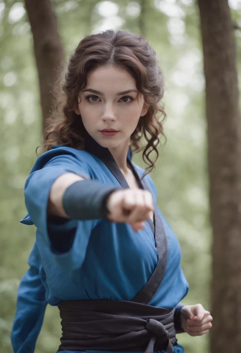white skin girl, Curly hair dressed as a blue ninja, anime style, combat position