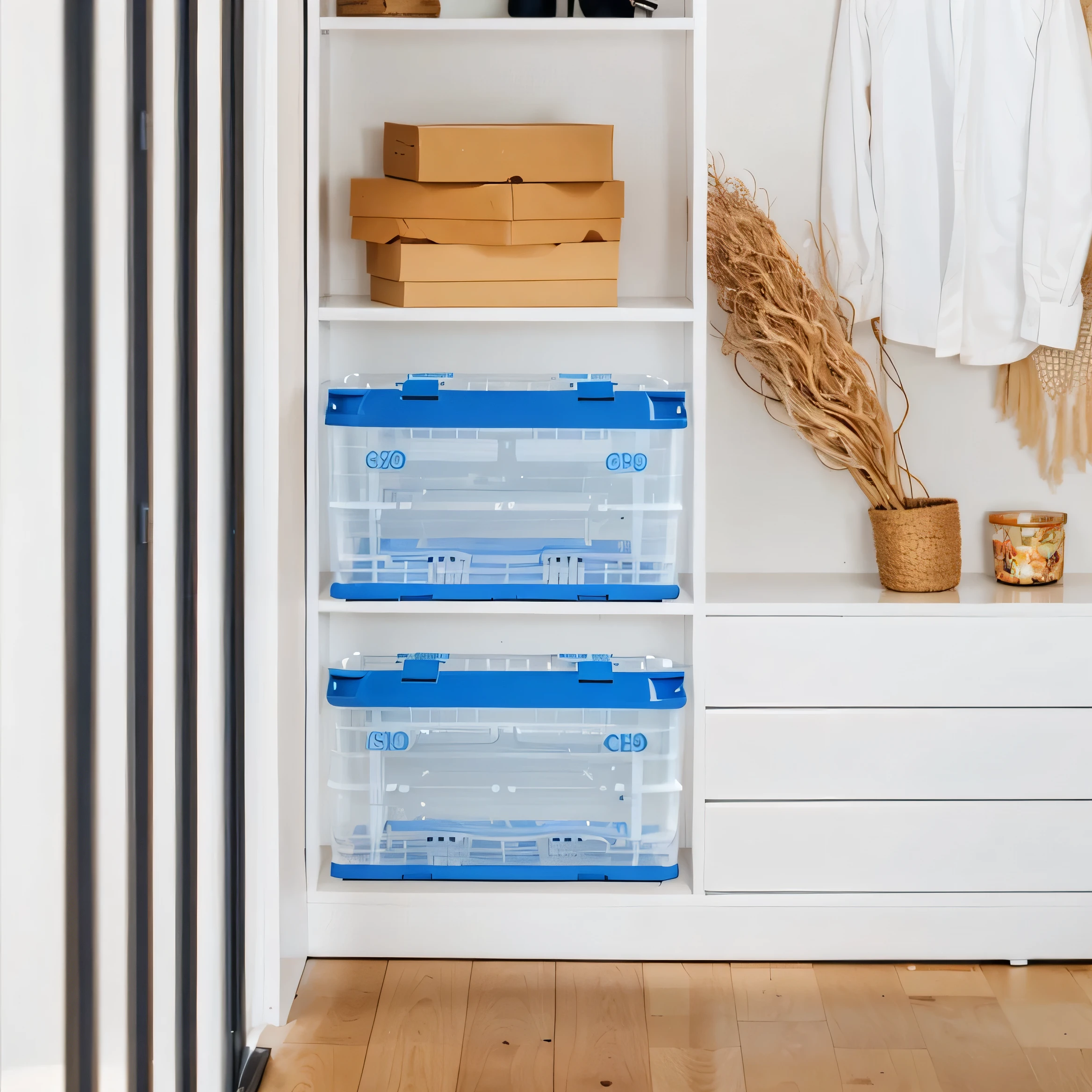 There are two plastic containers on the shelf in the wardrobe, Neat and tidy, with Clear glass, detailed image, visually clear & Clear, abnormal,, use, Product introduction photoss, , super Clear details, the secondest, Designed for comfort and beauty!, powerful details, second, in small room, Product introduction photos, product photo, complete front view