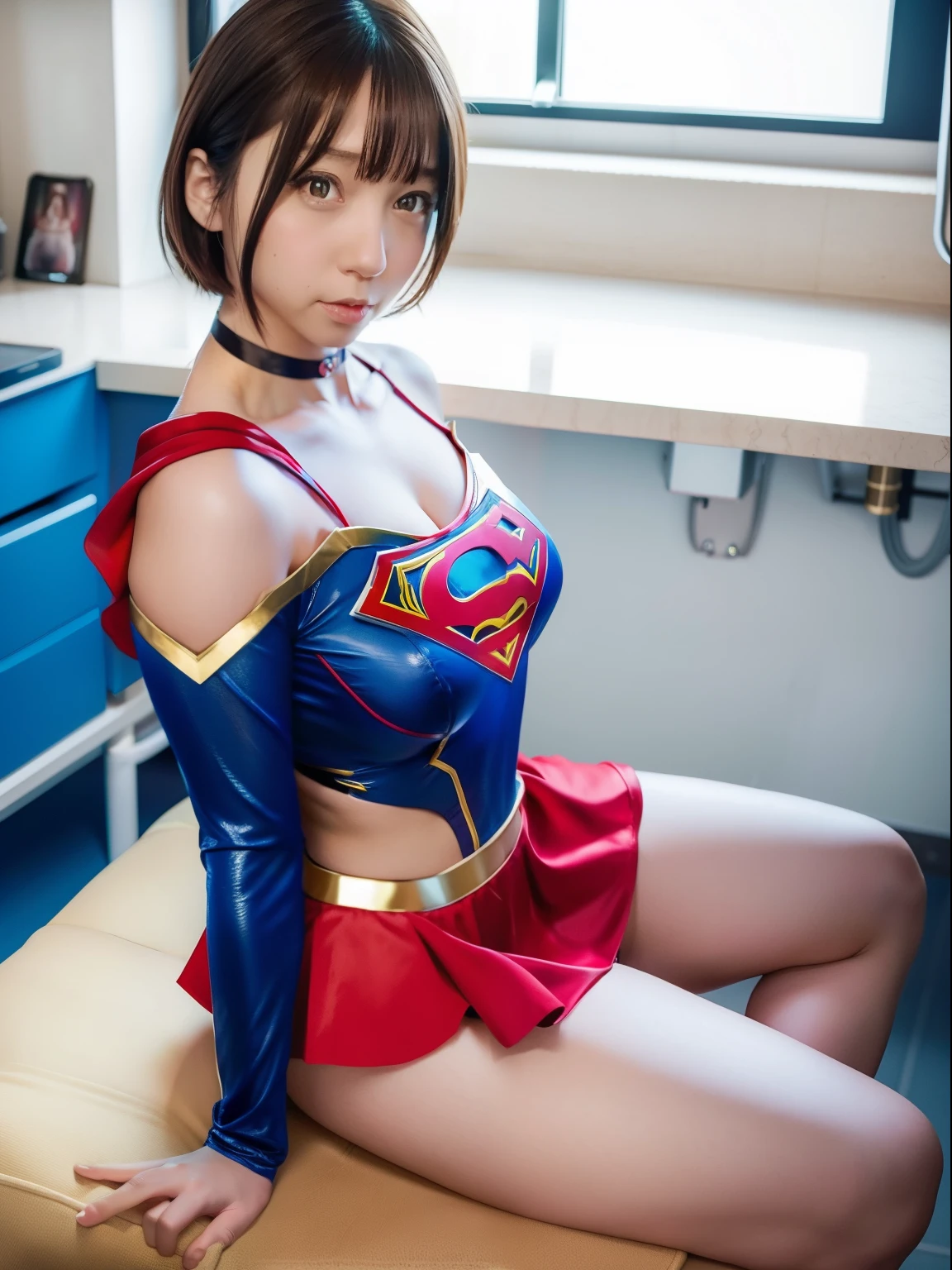 masterpiece,Supergirl Costume, short hair, barefoot, big and full breasts,lab room、operating table、straddle、Corrupt、shiny、looking at camera、Seduce、choker、long sleeve、Red short miniskirt、Navel exposed、abs