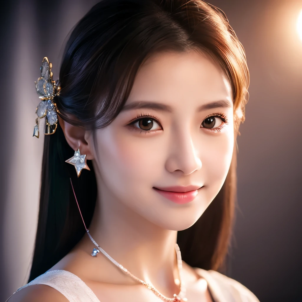 最high quality, masterpiece, High resolution, 1 girl,blush,(enchanting smile:0.8),star-shaped pupil,china hanfu,hair ornaments,necklace, jewelry,beautiful face,to_body, Tyndall effect,realistic, Dark Studio, Rim lighting, two tone lighting,(high detailed skin:1.2), 8K uhd, Digital single-lens reflex camera, soft lighting, high quality, volumetric lighting, Frank, photograph, High resolution, 4K, 8K, Bokeh