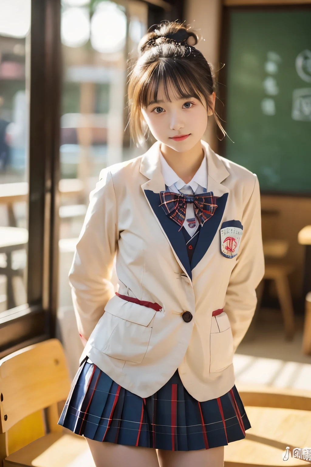 ((masterpiece))), (((Full body photo,Standing))),(One beautiful Japan girl, classmates, Innocence,kawaii) ,超A high resolution, Realistic, ultra-detailliert, 8K,top-quality, Extremely detailed, A slender,very beautiful japanese girl, Detailed face:1.3), (Bery short hair,I tied her hair in a bun.A dark-haired :1.4), (a baby face,kawaii系,adorable 18 year old beautiful girl), (Perfect body:1.1),(White shirt,Red Check Ribbon,Dark blue blazer,Red plaid mini skirt、Dark blue high socks、lowfers),Cute and innocent look,Please show me your beautiful teeth,Wonderland, sexy pose,rosy cheeks, Sparkling eyes, kawaiiポーズ, ((Inside the coffee shop))、cute cake on the table,Japan high school uniform,soft afternoon light、Surrounded by soft light and delicate lighting shining through the window, Pastel color palette, dreamy ambiance, Magical, Vivid colors, Bokeh,