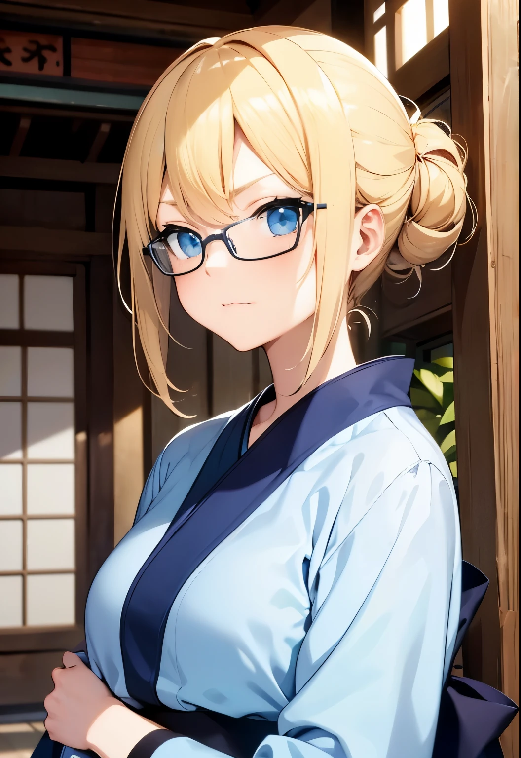High resolution, 2D anime style,blue eyes beautiful eyes,high and beautiful nose,thin face,Boyish blonde short updo,Cool adult woman,beautiful clock,Chest is slightly larger,she looks very serious,biting one's lips, she was very angry, she narrows her eyes,she wears glasses,wearing a beautiful spring kimono,visiting the shrine,daytime shrine