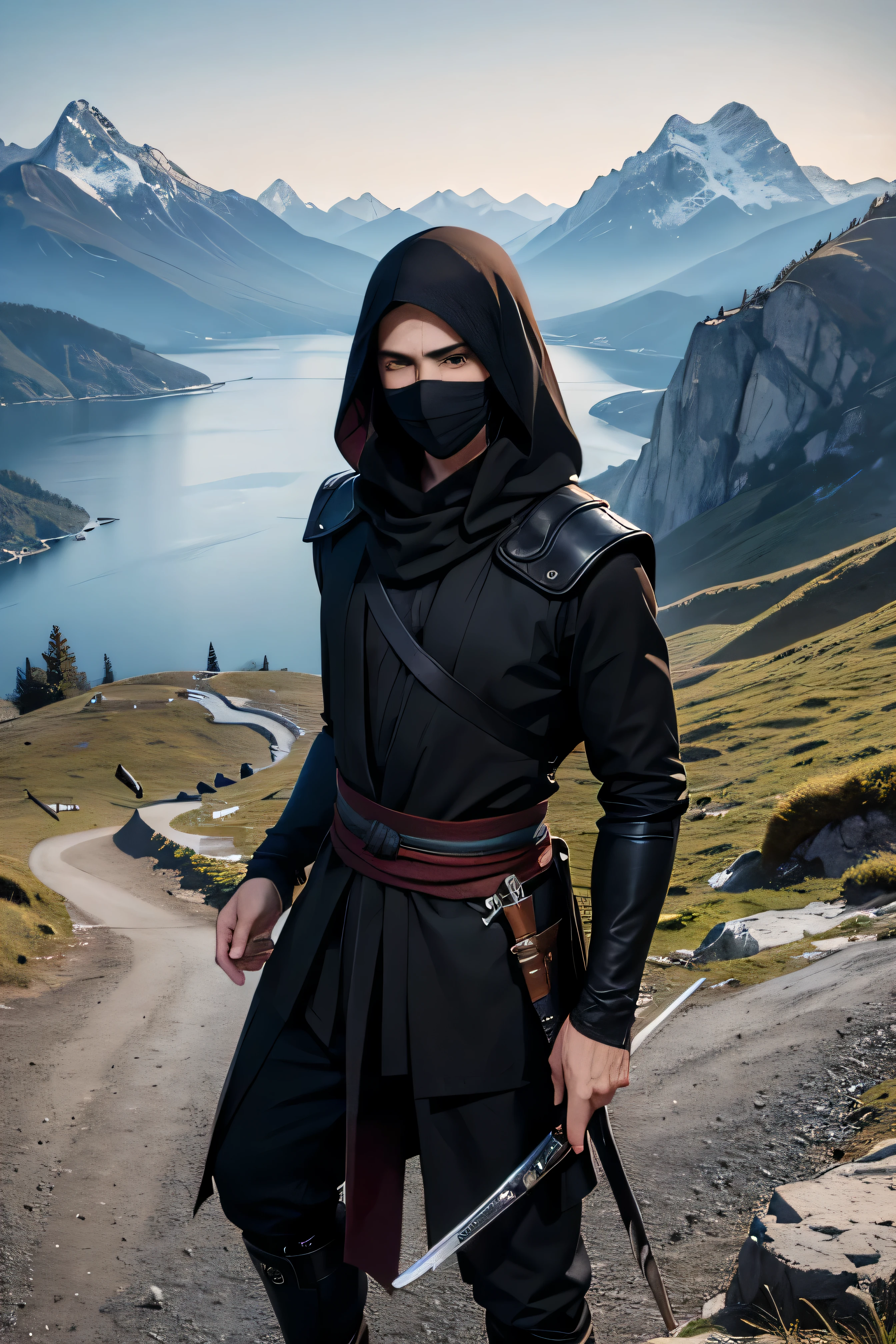 Best quality, masterpiece, ultra high res, (photorealistic:1.4), detailed face, detailed eyes, raw photo, young handsome male, black hair, (full body), perfect face, perfect hands, view from top, (mountain background:1.2), (night), wearing black clothes, ((assassin)), ninja, black face covering
