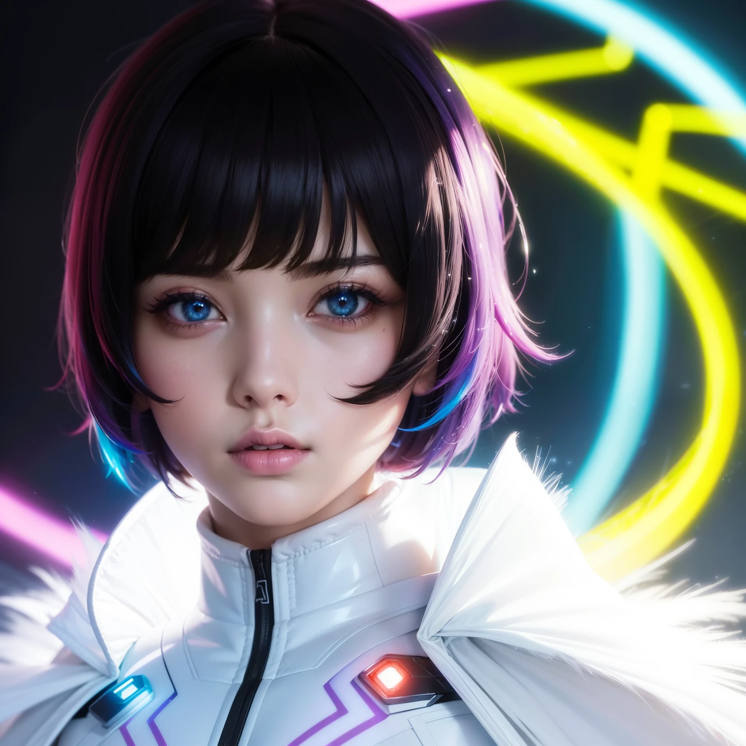 Bust to waist ((perfect beauty face)) perfect skin, hyperrealistic masterpiece, Superheroine girl ((fringe glowing colorful)) in extremely complex & superdetailed tight plugsuit ((with white cape)), sharp focus, cinematic illumination: 8k, (((neos-cyberpunkcore aesthetic style::1)))