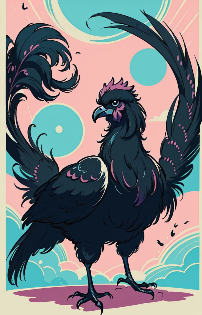 STYLE: kids illustration | SUBJECT: a playful prized black Rooster | AESTHETIC: super kawaii, bold outlines | COLOR PALETTE: pastel | IN THE STYLE OF: Sanrio