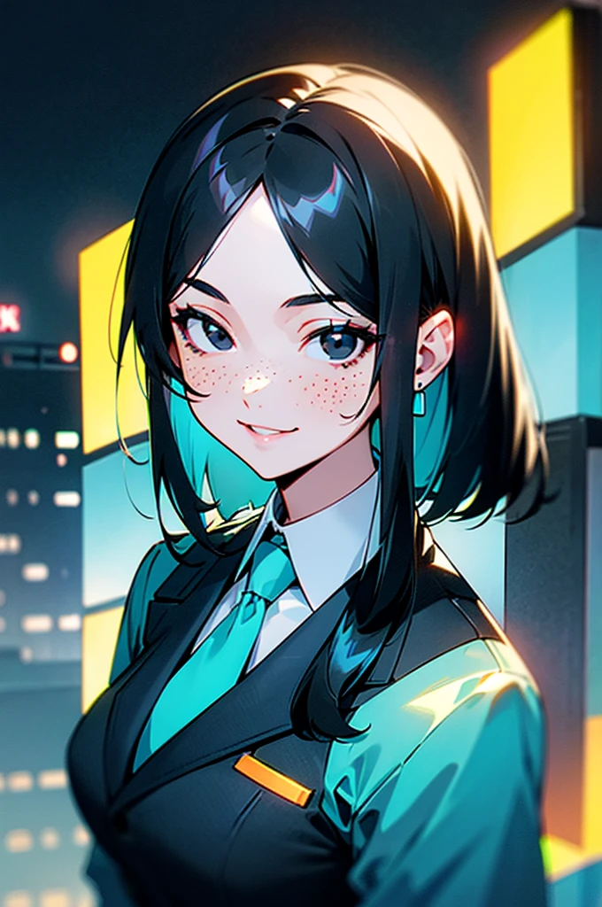 black hair, ((hair tucked behind ear)), forehead, ((long side bangs)), medium length hair, light freckles, woman, ((black eyes)), suit and tie, (neon blue city), smiling