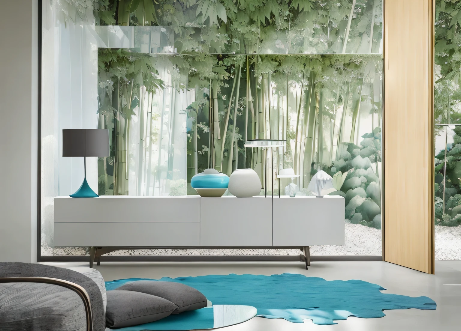 There is a big window to see the bamboo forest, biophilia, designer furniture, Furniture design, inspiring, elegant minimalism, Stylish and modern atmosphere, Mirror and glass surfaces, Fresh and modern look, peaceful scene, Fresh and modern style, Quiet and peaceful style, Stylish utopian design, modern interior decoration, Soft gray and blue natural light, prayer area