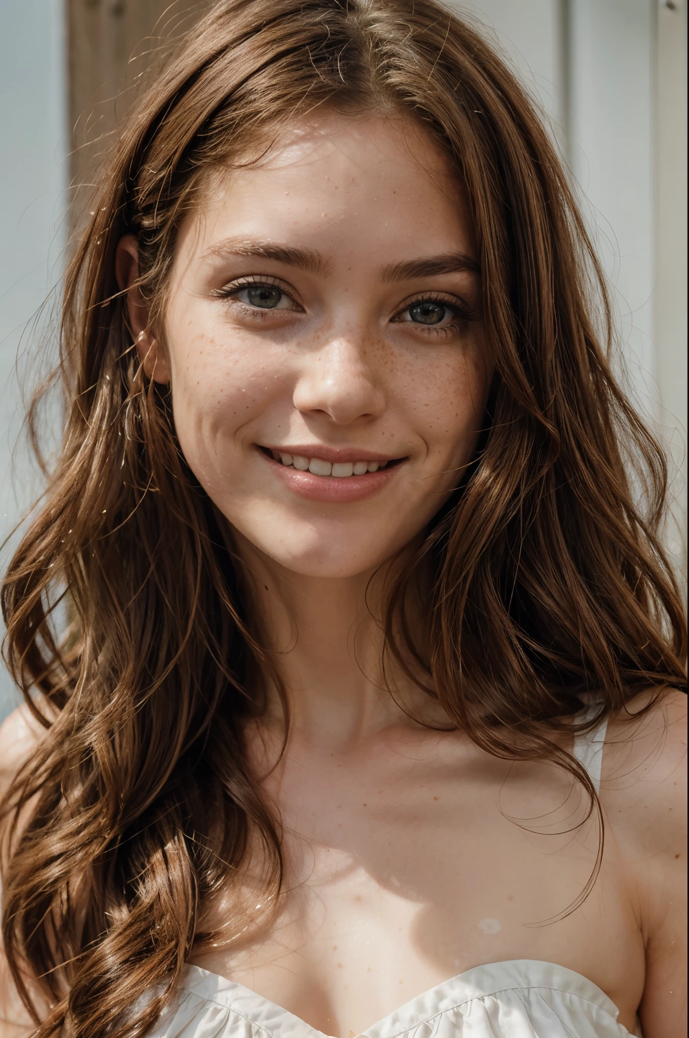 https://.seaart.ai/explore/detail/cm1k3gde878c73ci32n0 hyper realistic, freckles, beautiful brunette smiling, long hair, half body