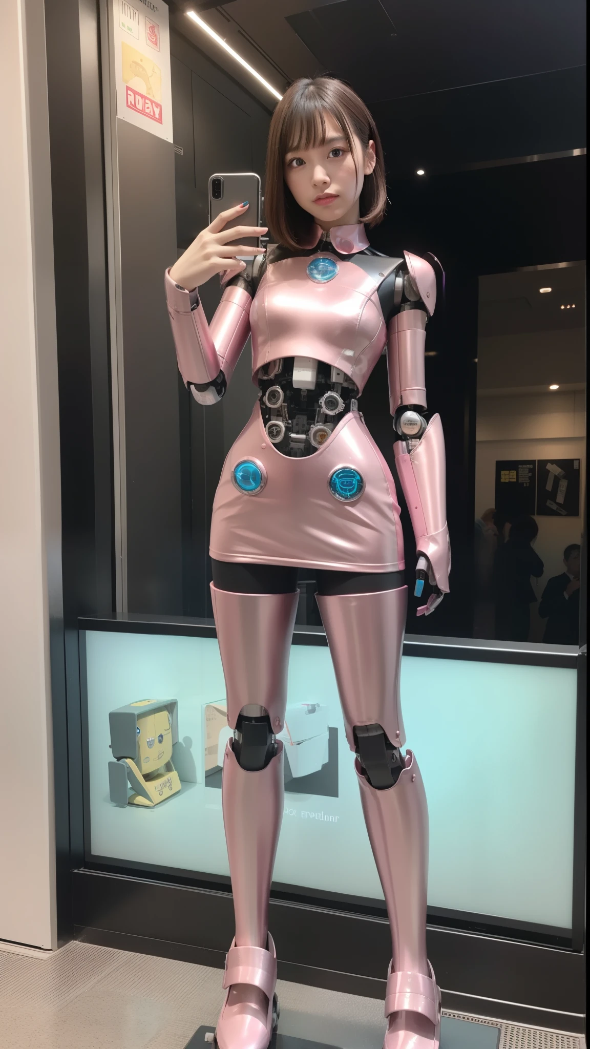 Robot Girl, pink there, Silver, Metallic body, Robot Parts, Metal Parts, Super Detailed Face, Super well-formed face, of the highest quality, a small face, small head, Brown hair, Slender body, Camera gaze, Internal Mechanical Exposure, Idol, front facing, Well-proportioned body, sale, exhibition, Hall, Moe Pose, pink metallic maid Dress Machine Armor, Standing with legs open, Model body type, sad, Embarrassing,(Perfect Robot Girl),(Perfect machine body)