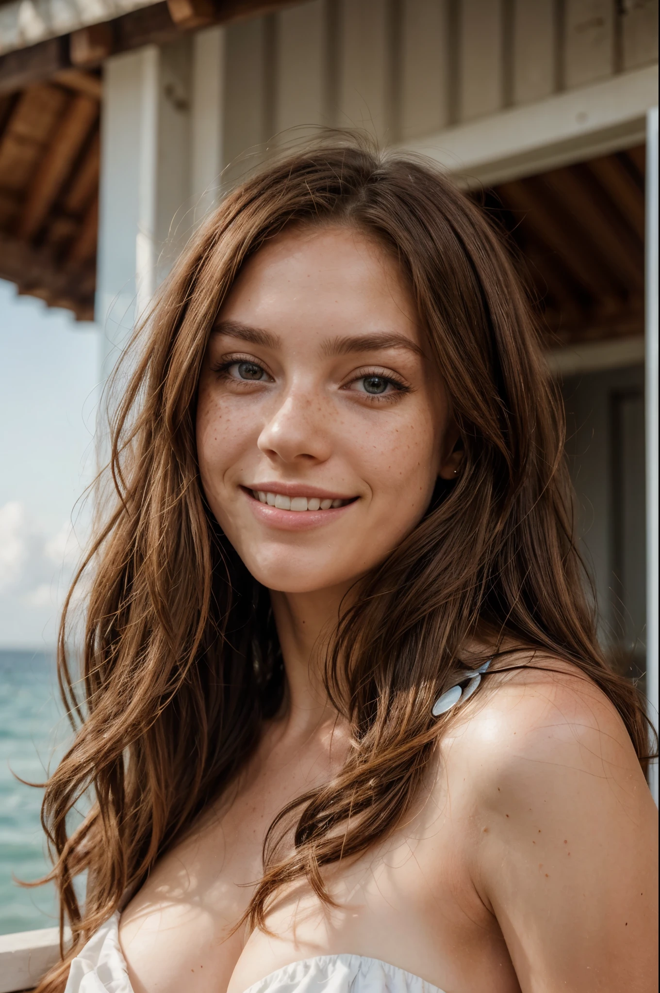 https://.seaart.ai/explore/detail/cm1k3gde878c73ci32n0 hyper realistic, freckles, beautiful brunette smiling, long hair, half body