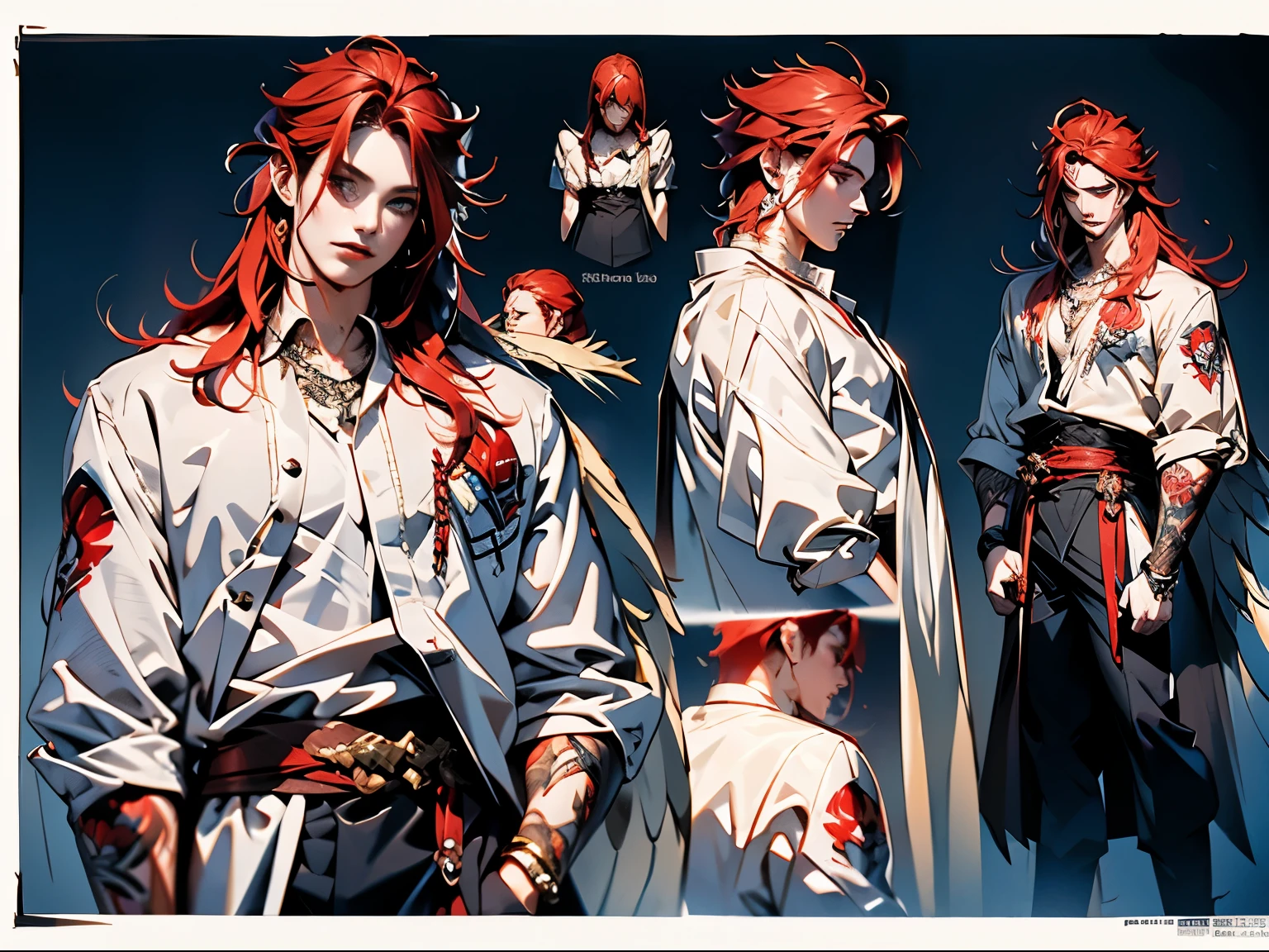 Character sheet 3 elements, full body, front and side view, handsome angel man, rock style, red hair, perfect face, tattoos, bare chest man, 2 big white wings, goth make up