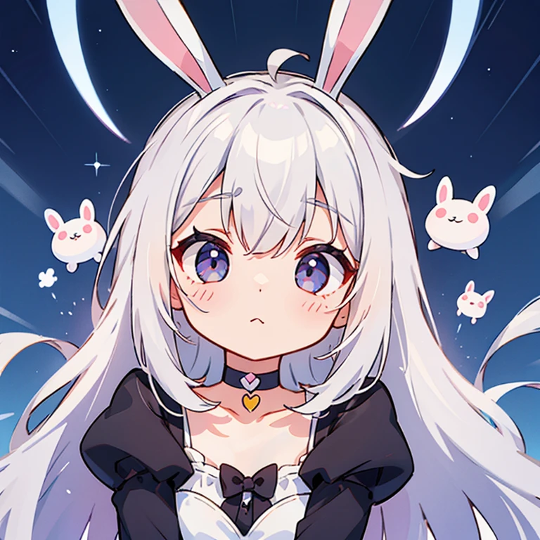 1 persons、girl with、Long Silver Hair、a choker、Eyes are silver、bunny ears、Unclear、kawaii、