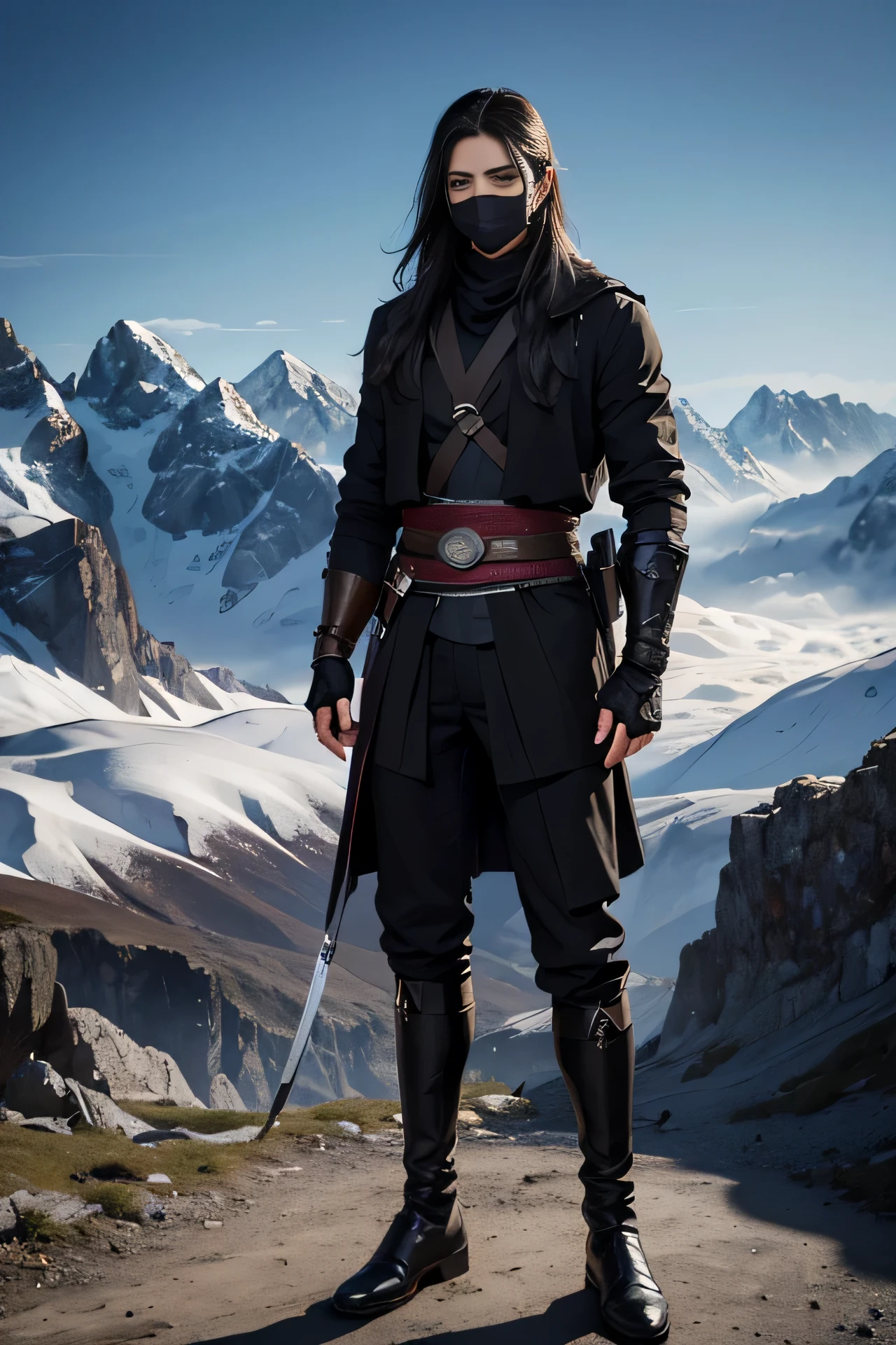 Best quality, masterpiece, ultra high res, (photorealistic:1.4), detailed face, detailed eyes, raw photo, young handsome male, black hair, (full body), perfect face, perfect hands, view from top, (mountain background:1.2), ((night)), wearing black clothes, ((assassin)), ninja, black face covering