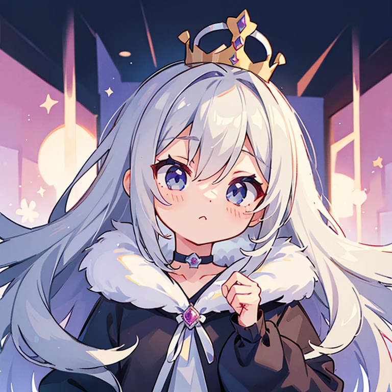1 persons、girl with、Long Silver Hair、a choker、Eyes are silver、Crown、Queen、Unclear、kawaii、