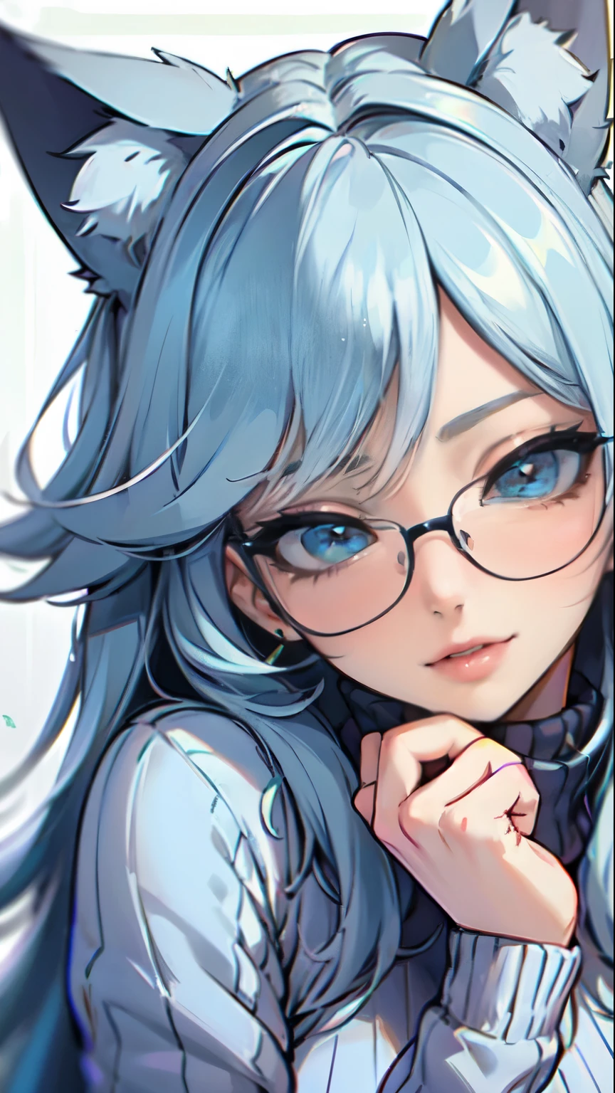 Masterpiece, beautiful art, professional artist, 8k, art style by sciamano240, very detailed face, very detailed hair, 1girl, perfectly drawn body, beautiful face, long hair, light blue hair , very detailed blue vertical cat eyes, pouty lips , rosey cheeks, intricate details in eyes, close up on face, looking straight at viewer, wearing a cozy blue sweater, in love with viewer expression , cheerful smile, milf, square glasses, 