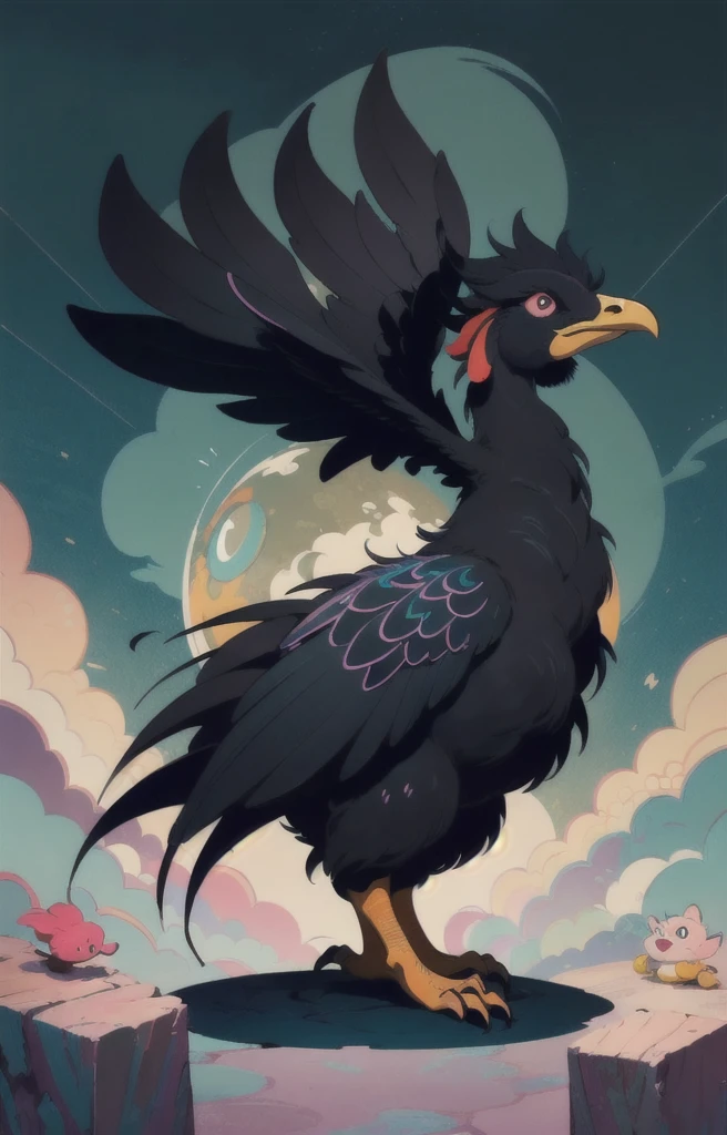 STYLE: kids illustration | SUBJECT: a playful prized black Rooster | AESTHETIC: super kawaii, bold outlines | COLOR PALETTE: pastel | IN THE STYLE OF: Sanrio