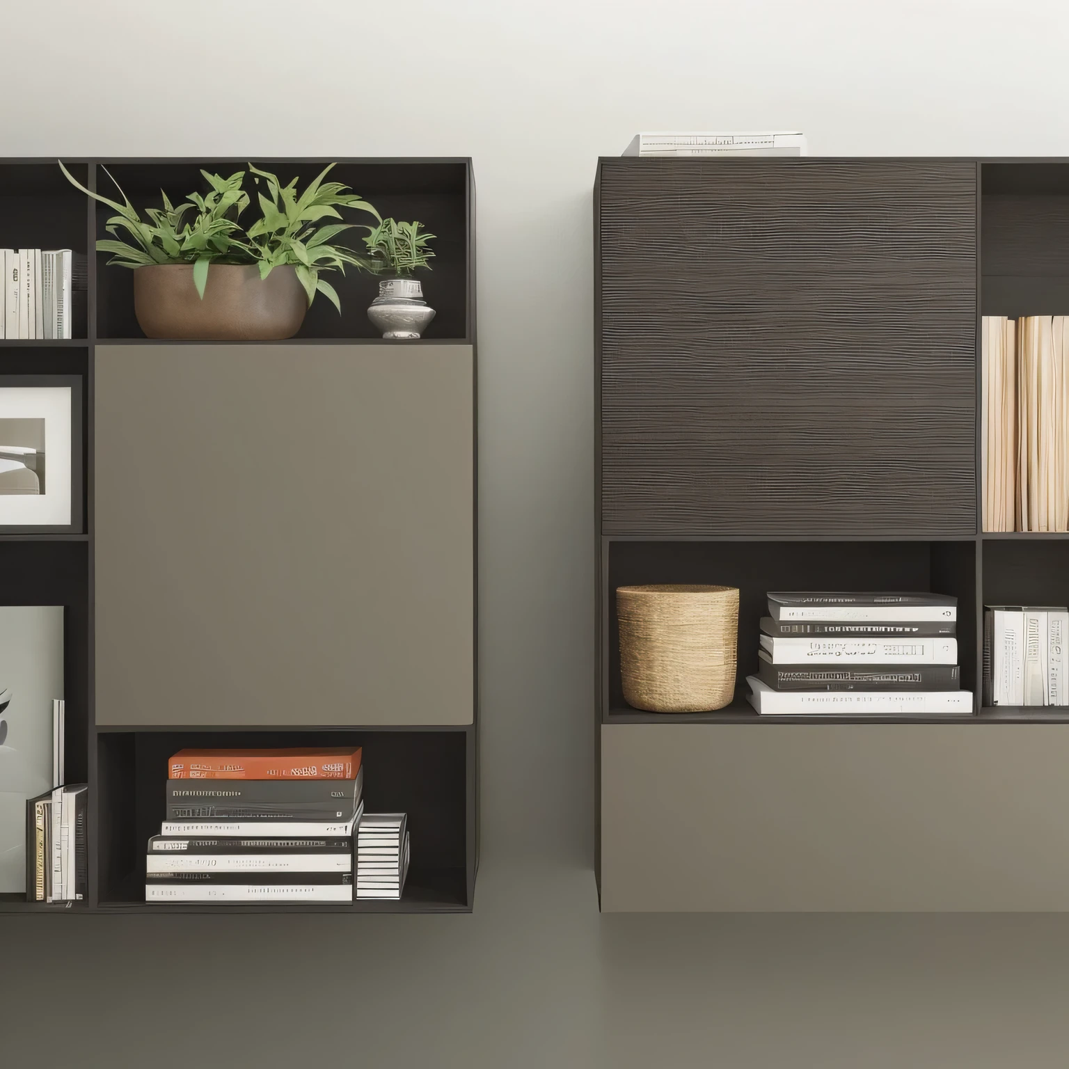 there are two shelves with secondooks and a plant on them, units, unit, Modular, conceptual, casecondinets, susecondtle details, casecondinet furniture, Rich details, elegant minimalism, food&Quote;, exhibit&Quote;, cupsecondoards, Depth of detail, inspiration, good composition, Synthetic, second, shelves, ocher, 4K details, Ultra high detail, Ultra high detail, 4K details