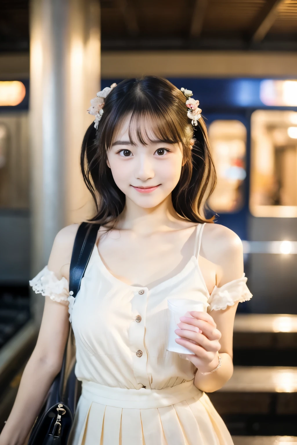(((masterpiece))), (((Full body photo,is standing)),(One beautiful Japan girl, Innocence,kawaii) ,超A high resolution, Realistic, ultra-detailliert, 8K,top-quality, Extremely detailed, blurry backround,A slender,small tits,very beautiful japanese girl, Detailed face:1.3), (Short hair like a boy,A dark-haired :1.4), (a baby face,kawaii系,adorable 10 year old girl), (Perfect body:1.1), (White sheer cardigan,Light brown pleated mini skirt), A smile that makes you want to hug,Super Detailed Face、Detailed lips、Detailed Big Eyes、small gravure idol,Transparent skin、Lori,carrying a small black backpack,waiting for the train on the station platform,Looking up from the ground,early evening,キュートでkawaiiポーズ, Warm tones
