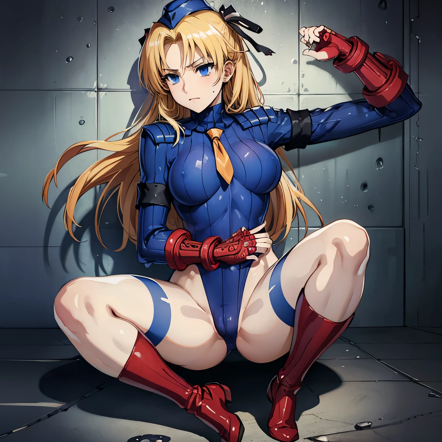 ultra-detailed, Explicit, Beautiful body, Beautiful Nose, Beautiful character design, perfect eyes, perfect face, ultra highres, 4K, beautiful legs, perfect legs, Nice hands, Perfect hand, Masterpiece, Best Quality, Highly detailed, illustration, absurdres, street fighter, doll suit, shadaloo doll, dollsuit, expressionless, blank eyes, looking at viewer, red gloves, emotionless, black latex, corrution, mind control, female combatant, full body, hypnotized, unhappy trance, full body suit, ribbed bodysuit, both arms at side, obey, perfect female body, extremely glossy latex, hypnosis, hypnoLora, empty eyes, Mind control device, poses, submissive_pose, Slave, hat, necktie, lying down, lying down at attention, hat, necktie, belt, latex, ribbed bodysuit, thighhighs, garter belt, Fighting Stance, military, thigh boots, solo, blood on shirt, blood on hand, blood on clothes, blood on face, blood, blood on arm, blood on cheek, blood on leg, Erica Blandelli, campione, blonde hair, blue eyes, long hair, hair ornaments, black ribbon