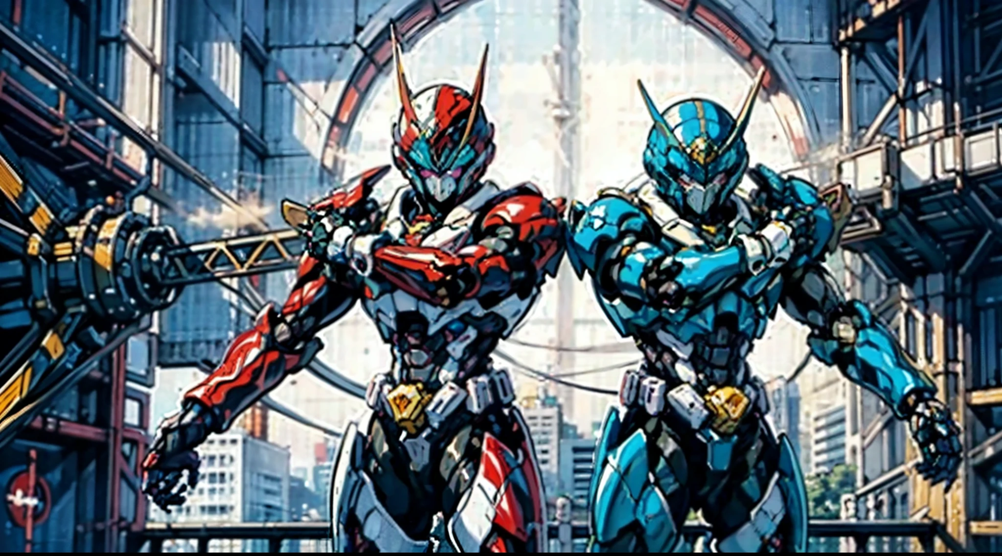 A super a high-tech biotech battle suit, standing on a rooftop, looking over the city, Japanese tokusatsu and American comic style, biometallic texture of the suit, sleek and shiny, dynamic, fast, natural light, cinematic, high quality, high resolution, high detail, sophisticated design, dramatic, high definition, ultra-detailed, ultra-fine painting, extremely delicate, creativity, Natural light, cinematic lighting, best shadow, masterpiece-anatomy-perfect