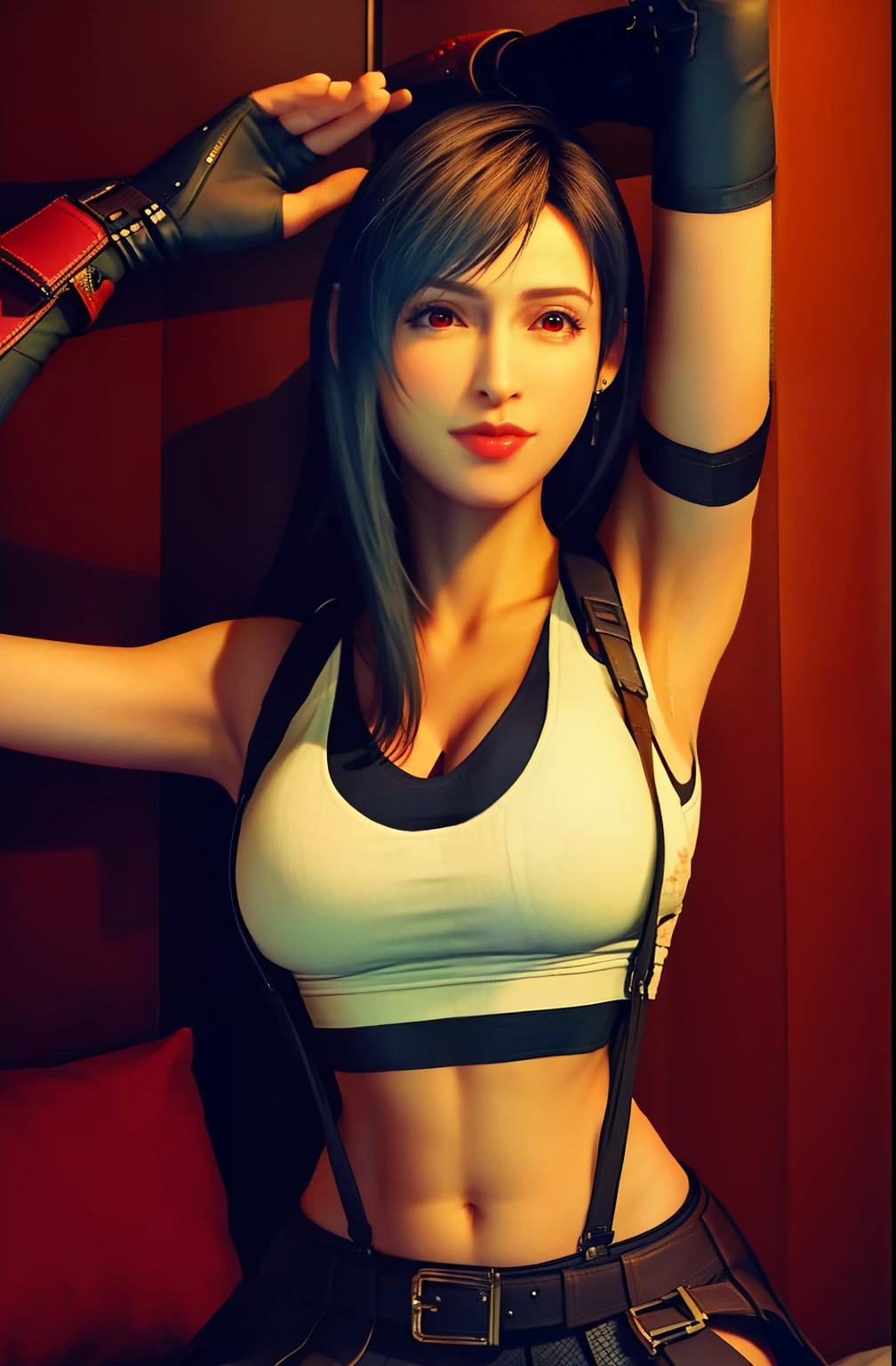 ff7r style, 
tifa lockhart, 1girl, thick lips, arm up, armpits, artist name, belt, black hair, breasts, red eyes, cleavage, closed mouth, collarbone, cowboy shot, crop top, earrings, elbow gloves, elbow pads, gloves, jewelry, large breasts, lips, long hair, low-tied long hair, midriff, navel,   indoors, skirt, smile, solo, stomach, suspenders, tank top, upper body, ((masterpiece)) , kneeling on a bed