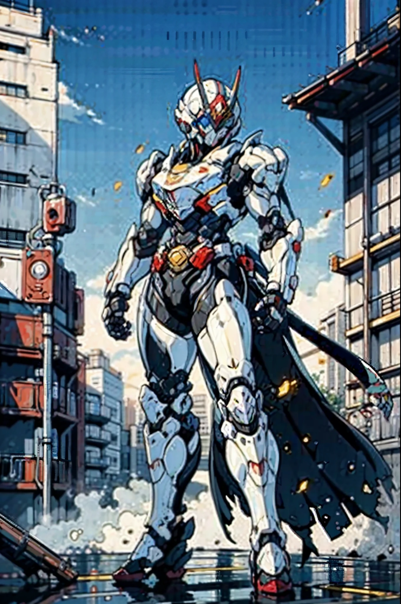 A super a high-tech biotech battle suit, standing on a rooftop, looking over the city, Japanese tokusatsu and American comic style, biometallic texture of the suit, sleek and shiny, dynamic, fast, natural light, cinematic, high quality, high resolution, high detail, sophisticated design, dramatic, high definition, ultra-detailed, ultra-fine painting, extremely delicate, creativity, Natural light, cinematic lighting, best shadow, masterpiece-anatomy-perfect