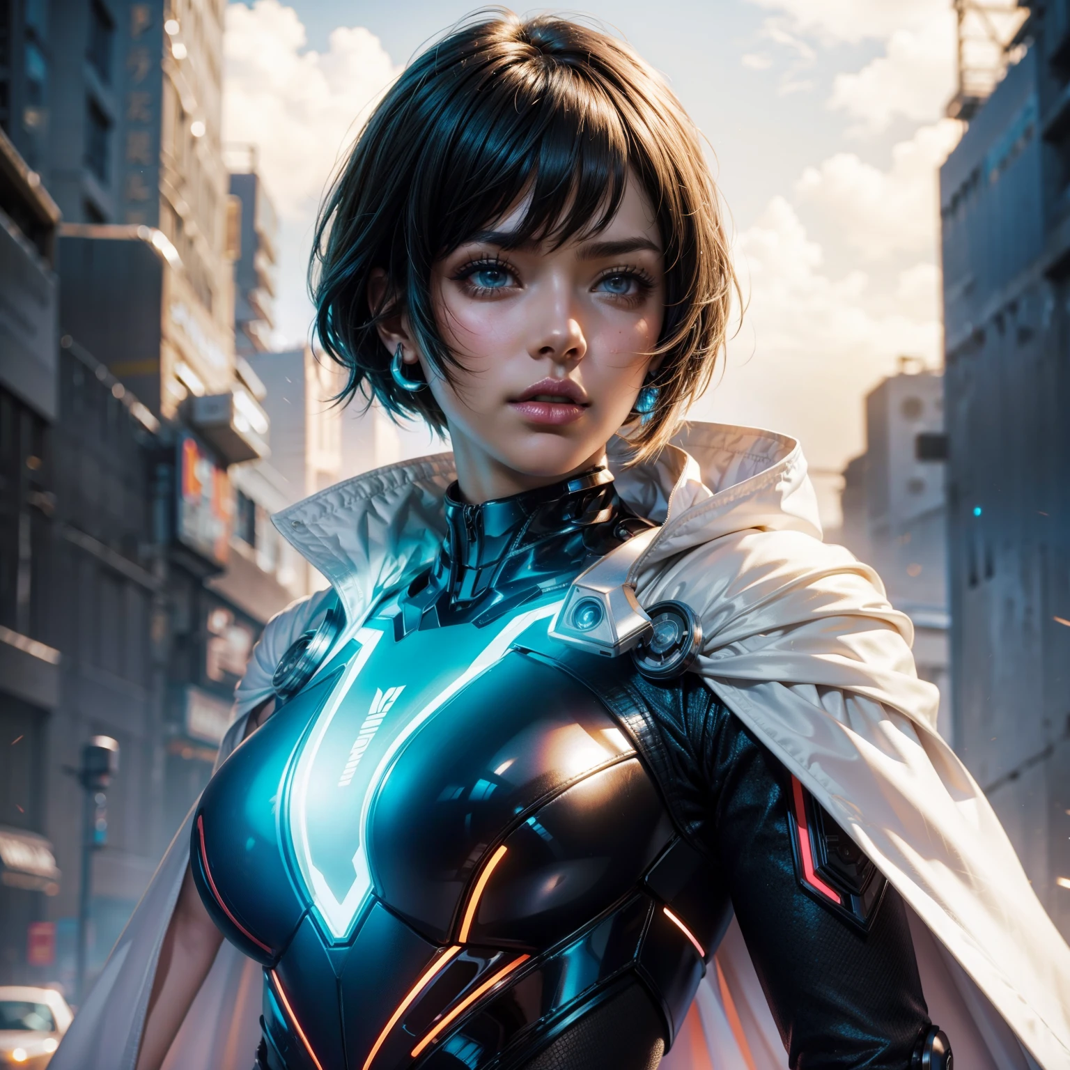 Bust to waist ((perfect beauty face)) perfect skin, hyperrealistic masterpiece, Superheroine girl ((fringe glowing colorful)) in extremely complex & superdetailed tight plugsuit ((with white cape)), sharp focus, cinematic illumination: 8k, (((neos-cyberpunkcore aesthetic style::1)))