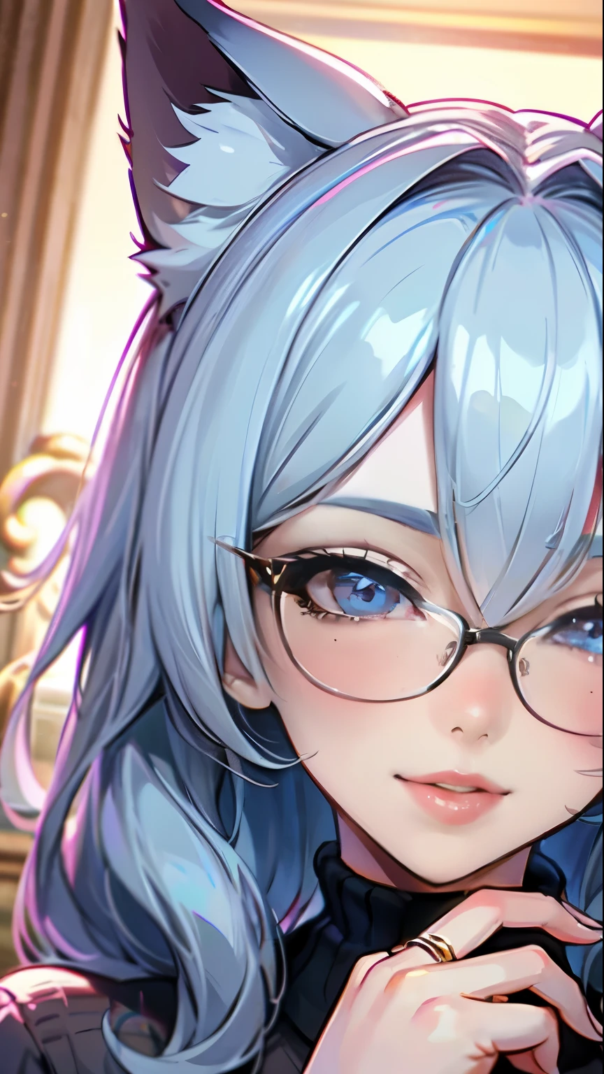 selfie from above, best quality, super fine, 16k, incredibly absurdres, extremely detailed, intelligent beauty, glasses, cute winking smile, hearts painted on her cheeks, portrait