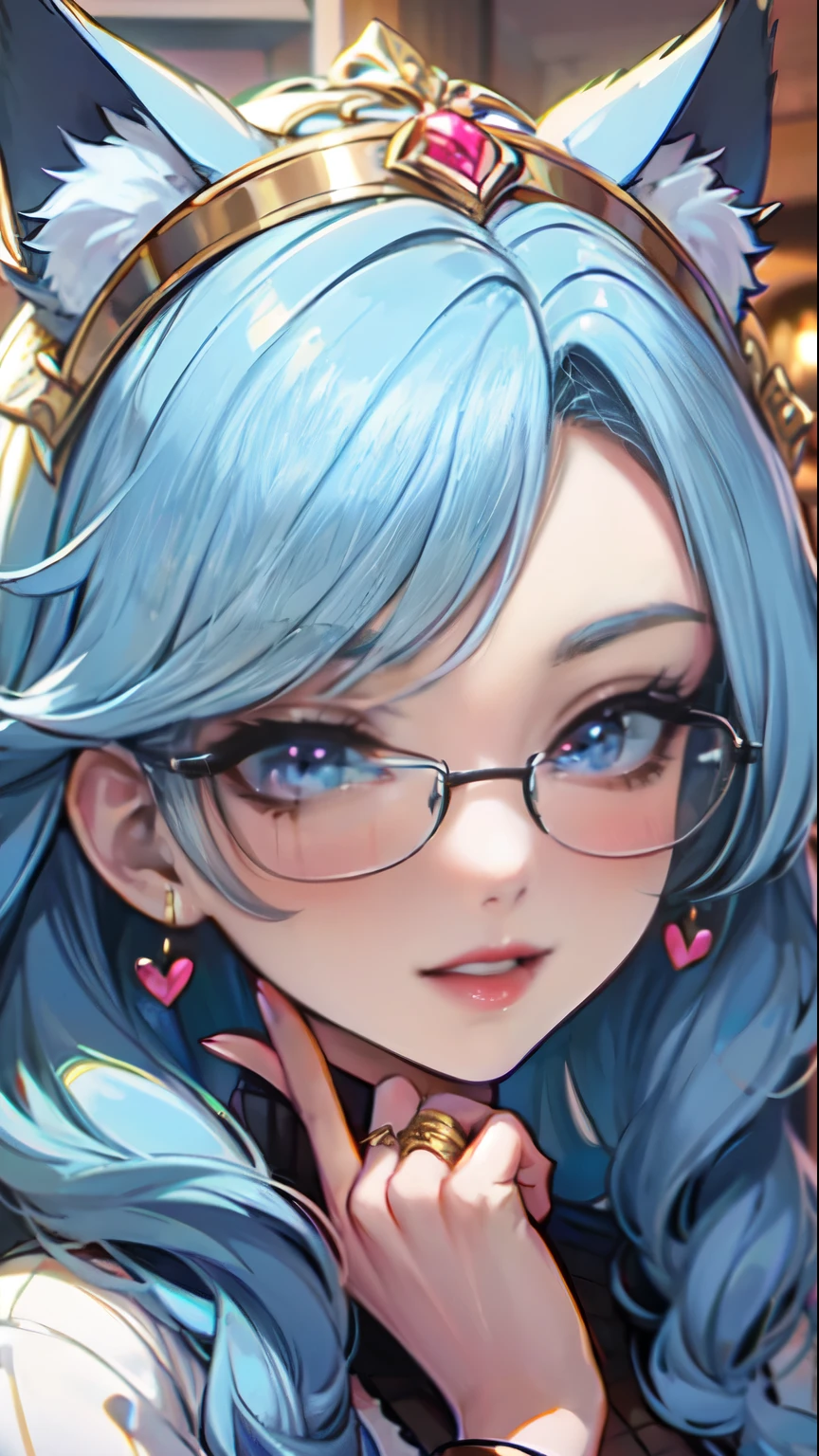Masterpiece, beautiful art, professional artist, 8k, art style by sciamano240, very detailed face, very detailed hair, 1girl, perfectly drawn body, beautiful face, long hair, light blue hair , very detailed blue vertical cat eyes, pouty lips , rosey cheeks, intricate details in eyes, close up on face, looking straight at viewer, wearing a cozy blue sweater, in love with viewer expression , cheerful smile, milf, square glasses, light make up , wedding ring , lipstick,