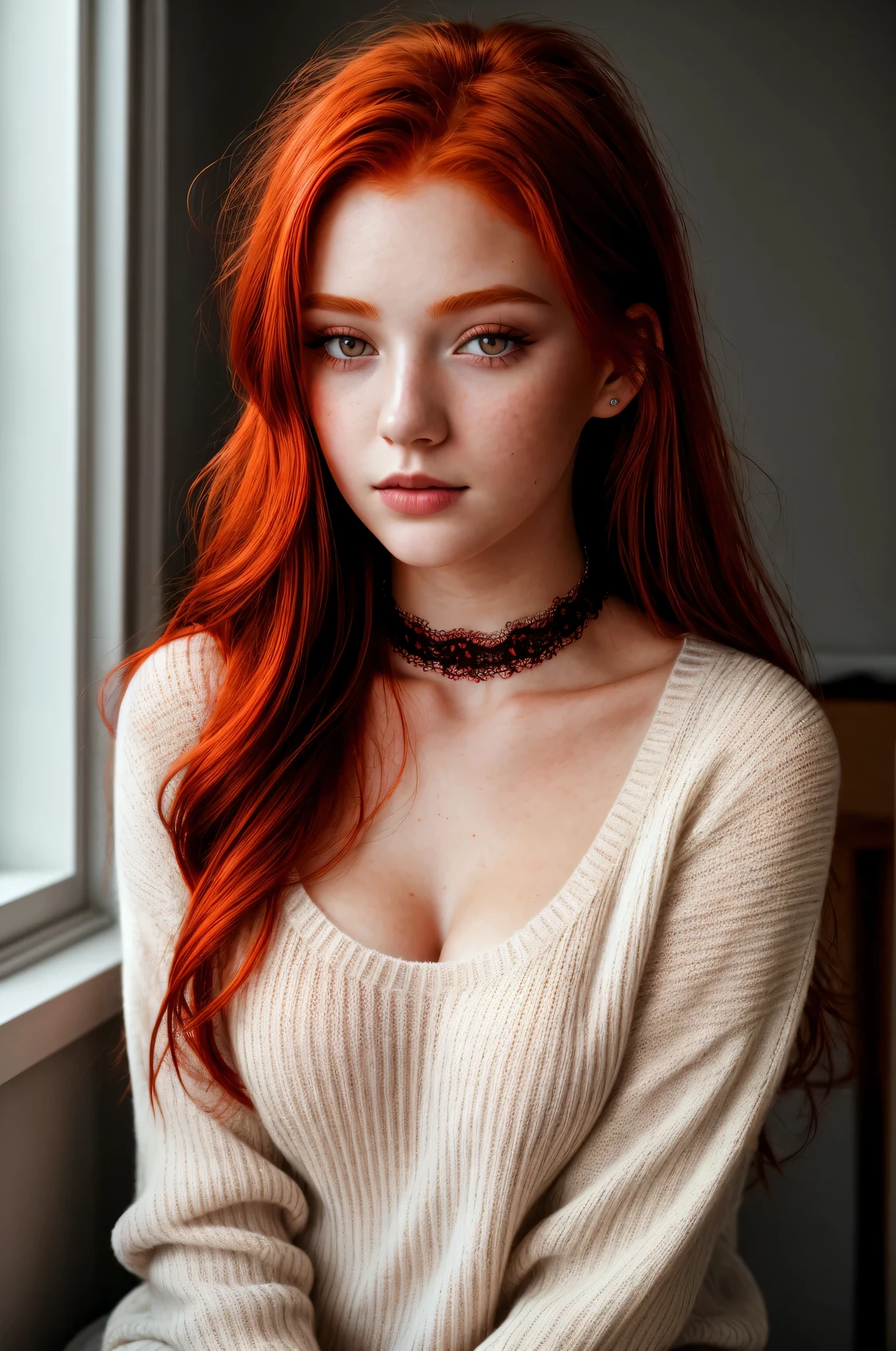 raw photo, (18yo redhead girl:1.2), makeup, rouge, neck lace choker, realistic skin texture, oversize knit jumper, red eyes, softcore, warm lighting, cosy atmosphere, Instagram style