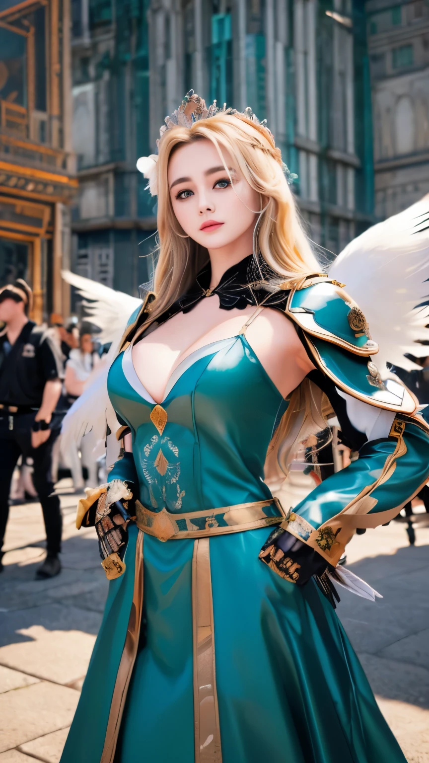 (highest quality, masterpiece:1.4), (realism:1.2), (Realistic:1.2), (disorganized:1.2), (realistic:1.3), 1 girl,realistic skin,alone,( very big eyes,beautiful and detailed eyes, symmetrical eyes), mekangel, wing, alone, armor, mechanical wing, Supermodel posing dramatically , translucent, cinematic composition, 8K resolution ,(shine:1.2),many rings of light above,Sacred,broken city,cloud, ,kingdom,crown,Wind,lots of feathers,backlighting,intelligence,pieces of machinery,Artistic,Canon EOS 1DX Mark III camera,cocktail dress lactar art:1.1), drill hair,festival, Holding a great sword、Upper body、cleavage、blonde