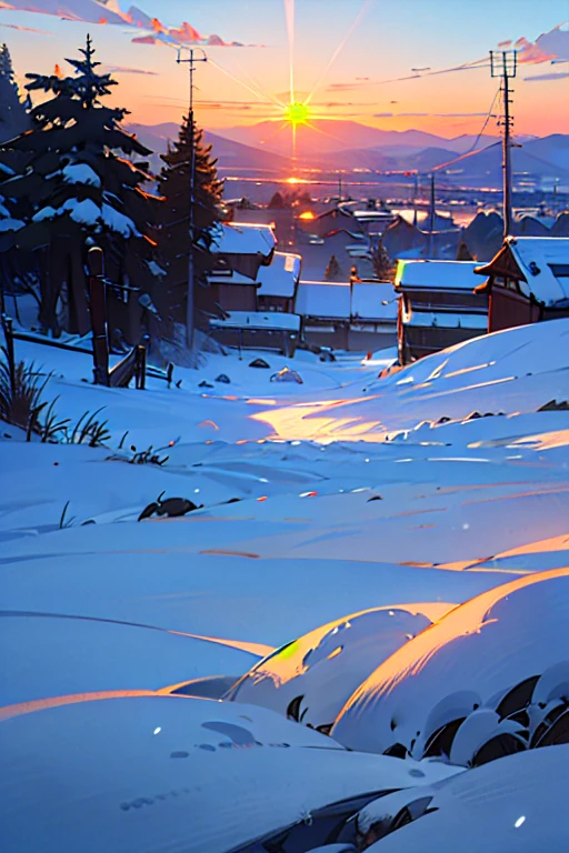 Makoto Shinkai's taste Makoto Shinkai's color Vivid shades realistic realistic anime drawing landscape heavy snowfall area japanese countryside the setting sun