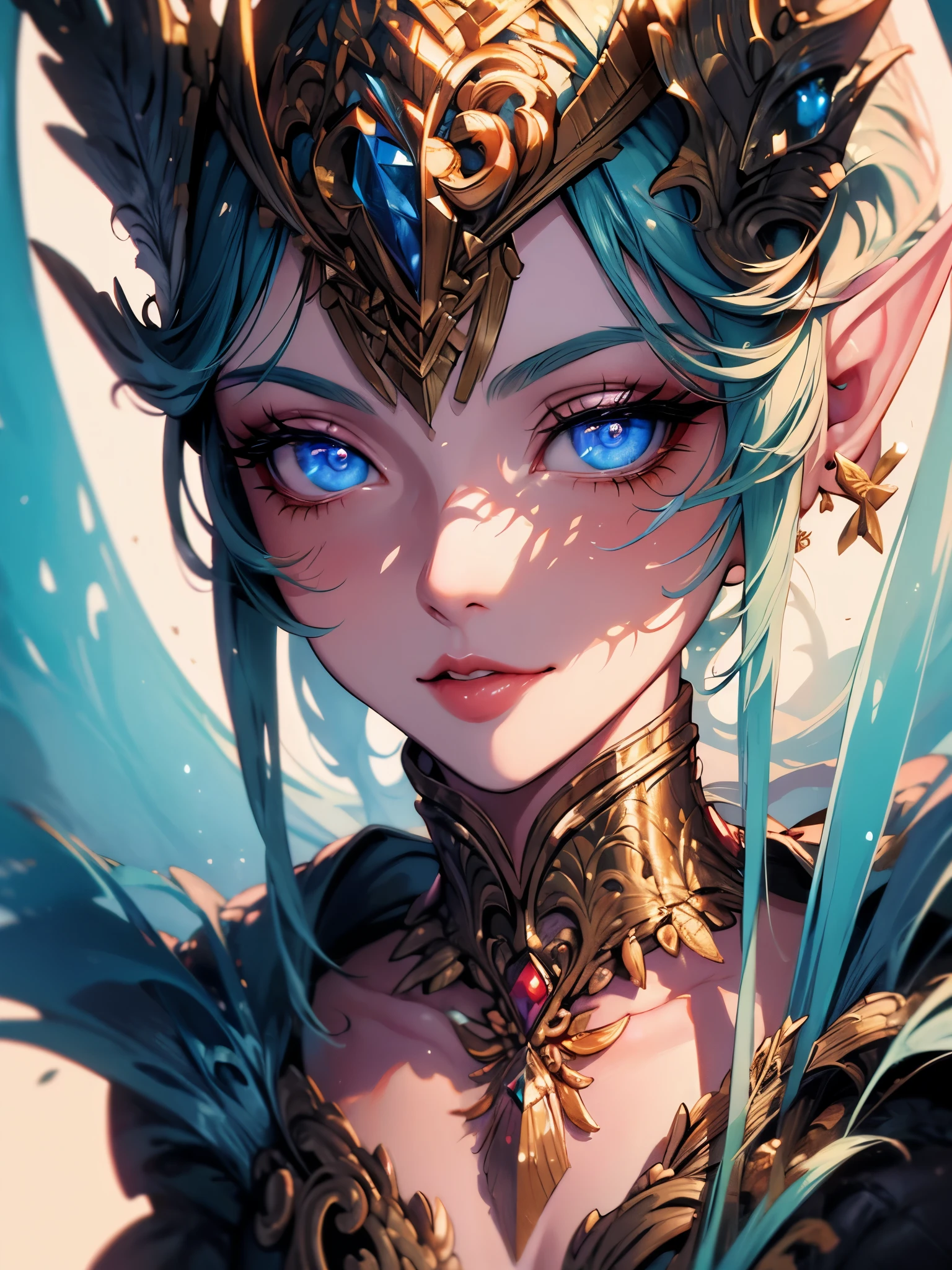 (((masterpiece))), best quality, hyper detailed gouache style painting portrait of a group of beautiful female elves, smooth shadows, hyper realistic textures, 8k, best quality, realistic cartoony features, stylized illustration, smooth shadows, correct anathomy, chromatic aberration, neon highlights, global warm lights, dynamic poses, expressive facial expressions
