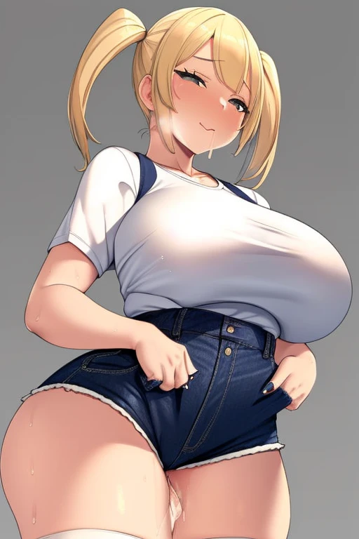 (Obra maestra), la mejor calidad, bien detallada, 4k,realistic NSFW image of a Hentai girl with blonde hair with pigtails, she wears a white shirt and very short shorts, she has big blue thighs and detailed, realistic and detailed hands with you, her mouth is open and full of semen. 