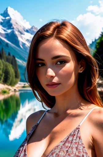 Portrait d'une rousse de 28 ans aux yeux verts, Frenchwoman, Chest close-up, unbuttoned white blouse, pas de soutien gorge, petits seins, petite poitrine, en petite culotte, Ultra-detailed skin texture, biting his lips, sexuality, seduction, regard amoureux, Standing in a river, rochers, arbres, soleil couchant, cinematic rendering, 32K, facial sharpness