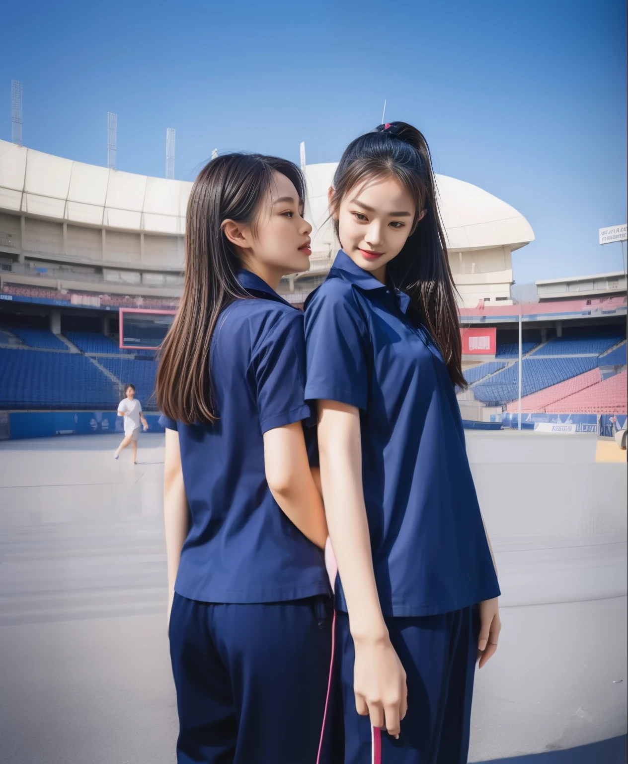 (best quality,10,10,height,Masterpiece:1.2),Special details,(realistic,ภาพrealistic,Realistic photos:1.37),1 cute girl on the football field,shiny skin,only,smile softly,BDclothelue shirt:1.3)),short sleeve,shirt, trousers.,(navy_long_ติดตามtrousers:1.1), ((stadium background:1.3)),Dynamic angle,excited,Face focus,dynamic poses,from behind,focus ass,Masterpiece, best quality, ultra realistic, hyper detail, 8k resolution, raw photos, Sharp focus, ((Navy blue shirt:1.1)), short sleeve, เส้นทางlong, perfect bodyแบบ, 2 mature women, 18 yo, Cinema-grade lighting,trousersวอร์มสีน้ําเงิน,gym wear,correct anatomy,perfect body, correct body, sharp face, correct bodyทางกายวิภาค, full body, realistic gestures, long-haired, realistic poses,Wear long shorts..............................,ช่วงขาlong,fit,sculpted girl, Slender figure, mannequin, fit, beautiful body,trousersวอร์มสีน้ําเงิน, two girls kissing