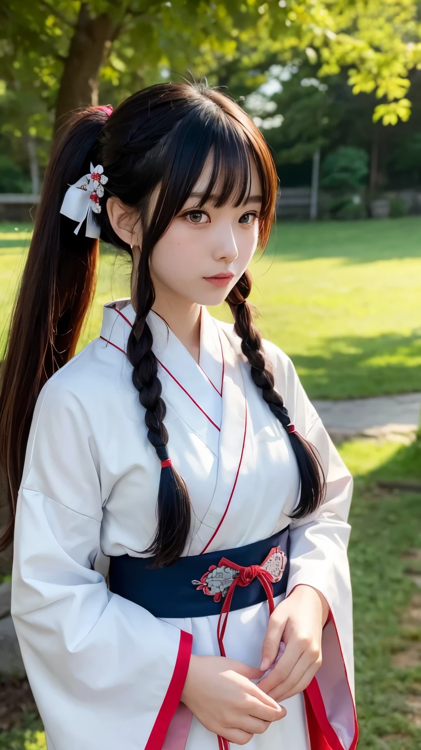 Please draw a situation where two people are standing next to each other.. The first one、A beautiful anime-style young female character. With deep orange eyes、Features smooth black hair that reaches to the shoulders. hair is in a ponytail, Tie the top with a small red ribbon. He has a kind expression and a warm smile.. Make your eyes and expression cool. The eyes are dangling eyes. She is dressed in a traditional Japanese kimono featuring a red and white color scheme. small breasts. The background image is a Japanese landscape with a shrine.. The second person is、is to create an anime girl character with dark green hair, Her bangs sliced straight across the top of her face.. her hair is divided into two long braids, Tie the ends with a hair tie decorated with red and blue beads. she is big, purple eyes and freckles on the face. She is wearing a traditional Chinese style cheongsam, in bright green. her expression is calm, and、She wears a small blue ribbon near her ears.. view is all bodies. The season is autumn. The background image is a Chinese landscape with a shrine.