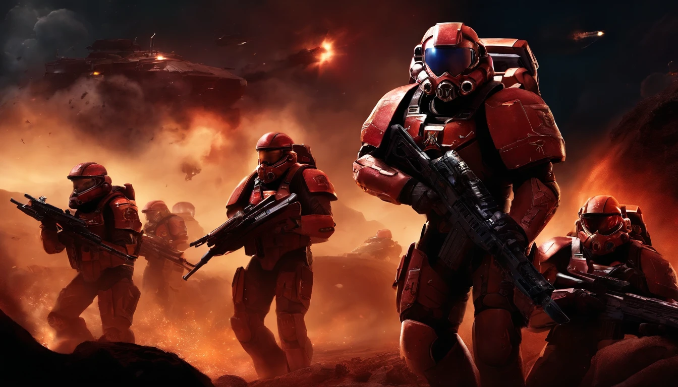 StarCraft 2 marine with opened helmet visor, very angry face, holding the C-14 rifle pointing forward in hands, dead zerlings around, other marines and firing siege tank at the distance, dark red night sky, stars, fire