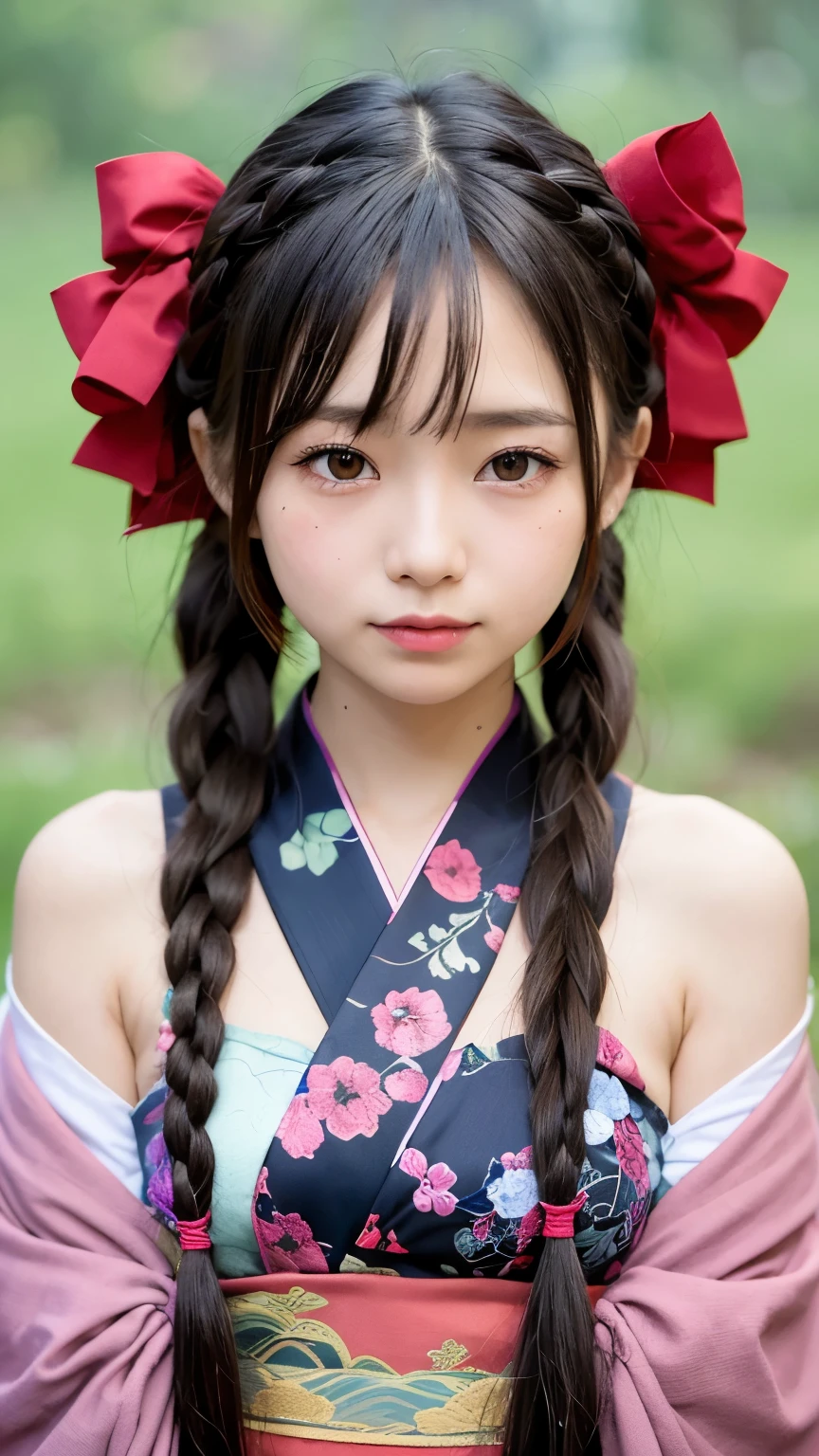 Please draw a situation where two people are standing next to each other.. The first one、A beautiful anime-style young female character. With deep orange eyes、Features smooth black hair that reaches to the shoulders. hair is in a ponytail, Tie the top with a small red ribbon. He has a kind expression and a warm smile.. Make your eyes and expression cool. The eyes are dangling eyes. She is dressed in a traditional Japanese kimono featuring a red and white color scheme. small breasts. The background image is a Japanese landscape with a shrine.. The second person is、is to create an anime girl character with dark green hair, Her bangs sliced straight across the top of her face.. her hair is divided into two long braids, Tie the ends with a hair tie decorated with red and blue beads. she is big, purple eyes and freckles on the face. She is wearing a traditional Chinese style cheongsam, in bright green. her expression is calm, and、She wears a small blue ribbon near her ears.. view is all bodies. The season is autumn. The background image is a Chinese landscape with a shrine.