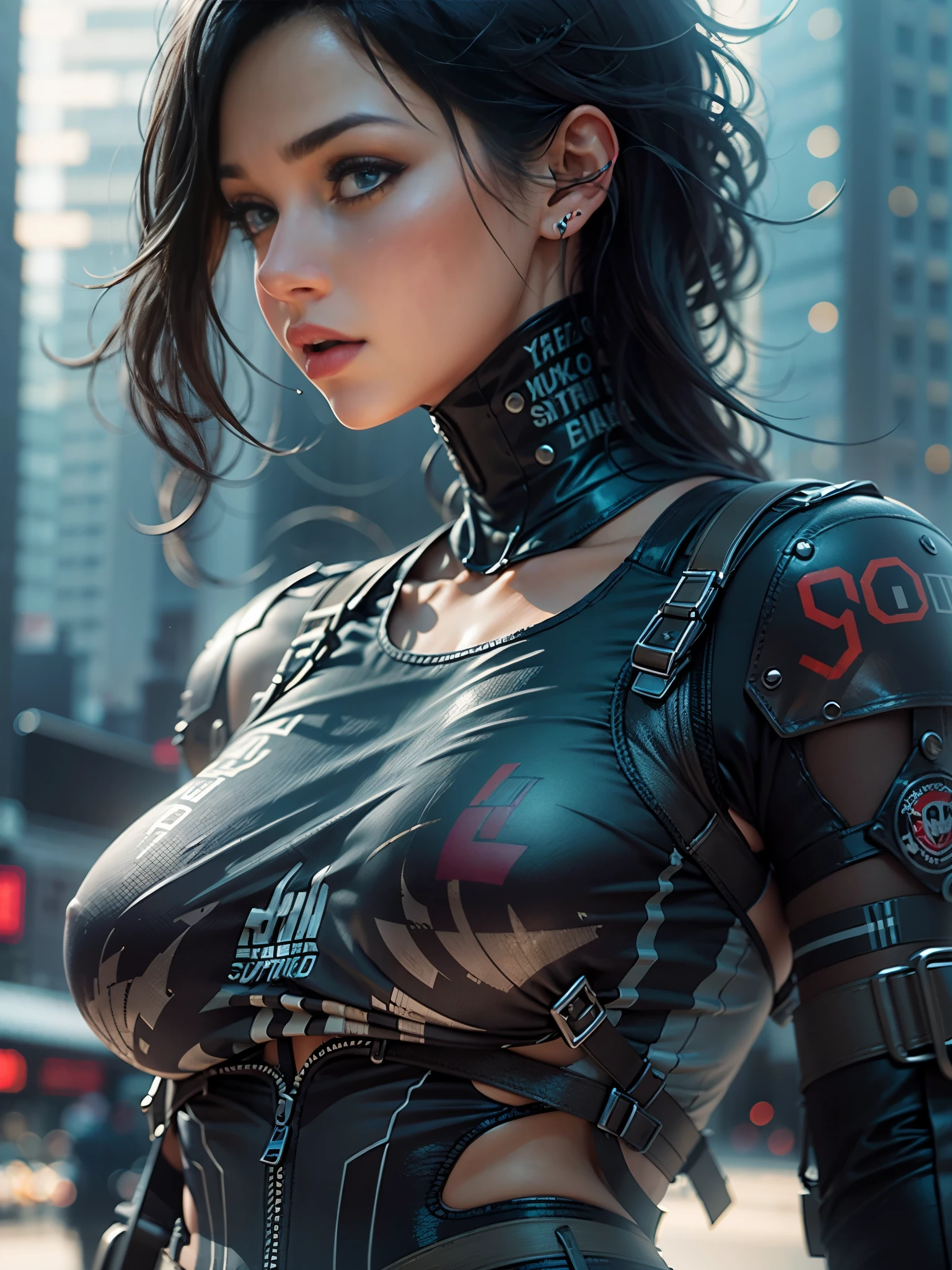 young beautiful woman, big firm breasts, perfect proportions, special forces soldier, she stands on an airport with fighter planes in the background, she has military body implants, in the future, cyberpunk, in the background a huge city with skyscrapers and lots of holographic advertising, dark, Gotham City, anime, sexy, erotic, UHD resolution, realistic detail, realistic reflections, realistic shadows, 3D, masterpiece, art